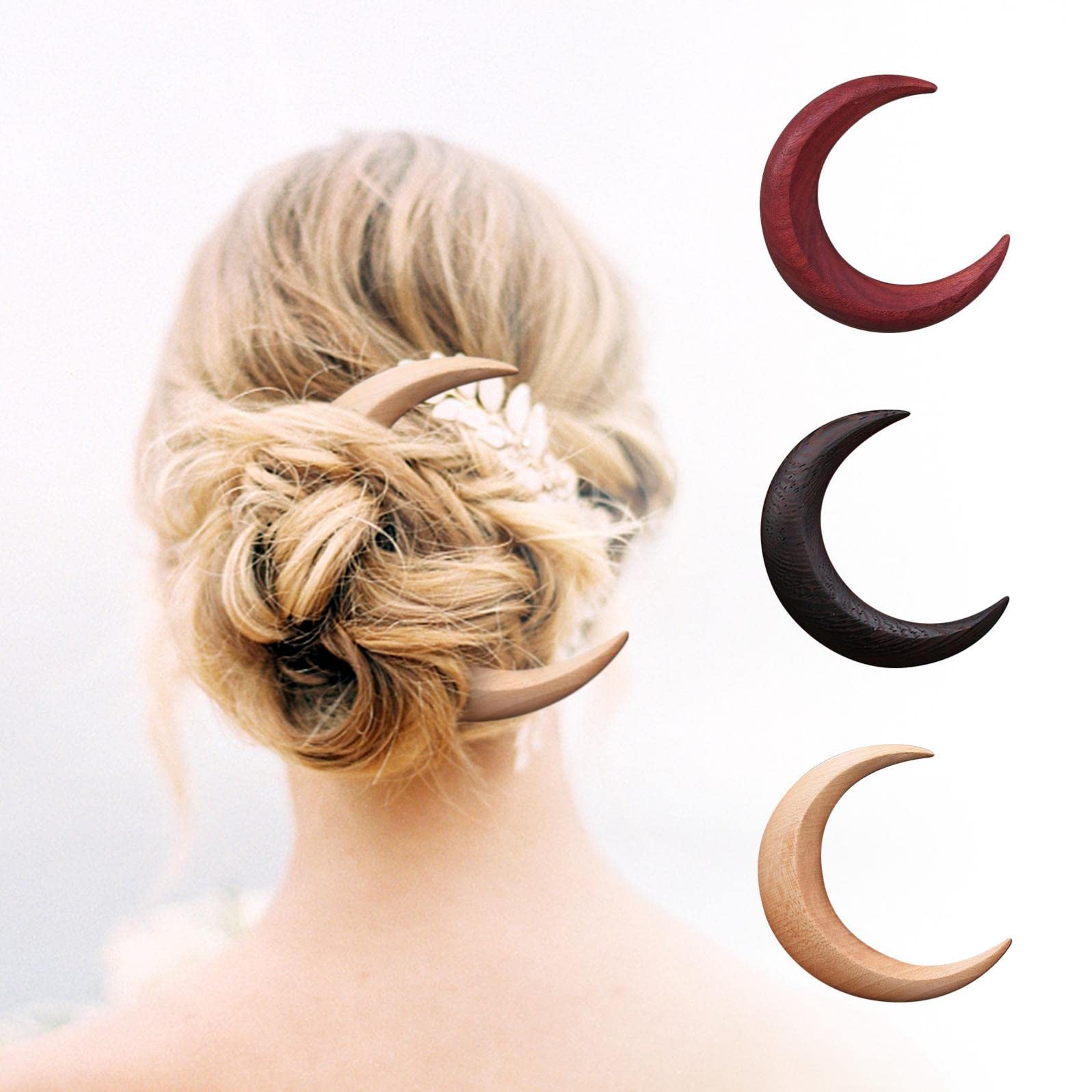 Hand Carved Wooden Crescent Moon Hair Fork - Natural Wood Hairpin & Barrette for Women & Girls - Long Hair Styling Stick & Comb for Thick Hair - Perfect for Weddings, Boho Styles & Updos