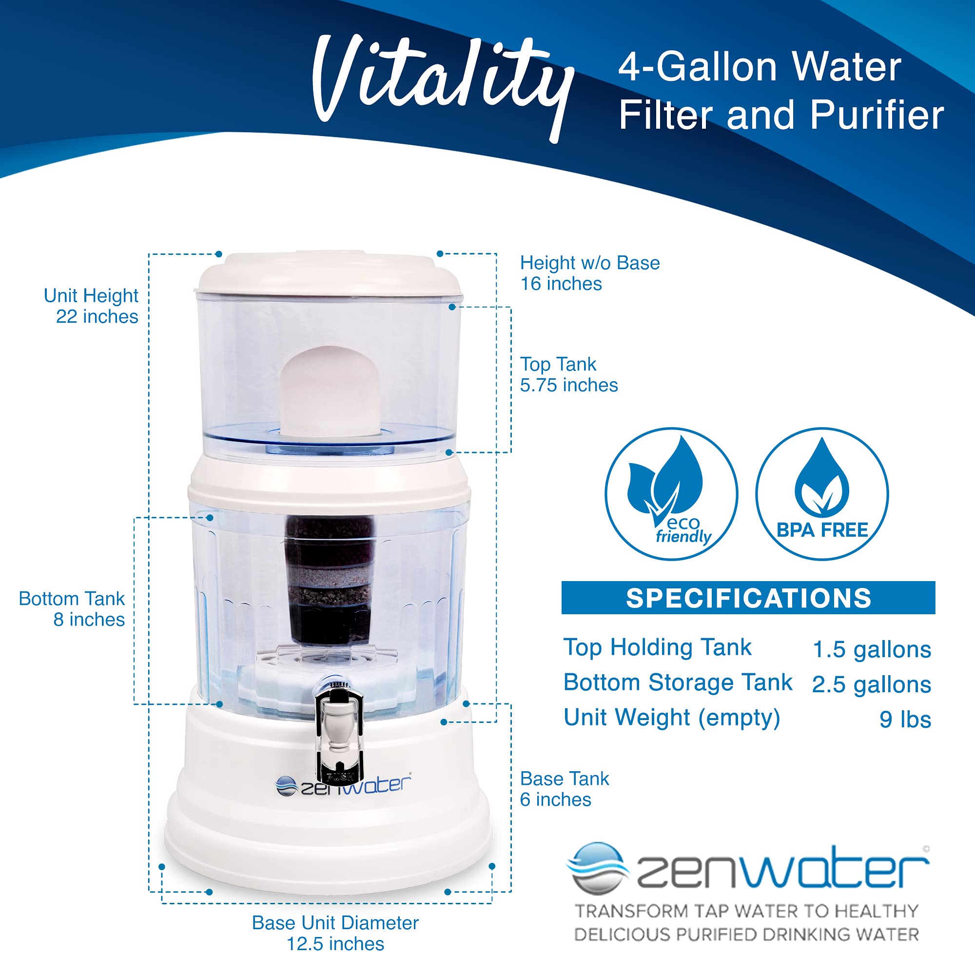 Gravity Water Filter System - Portable Countertop Alkaline Water Purifier with 4 Gallon Capacity | Home, Office, Camping & Emergency Use