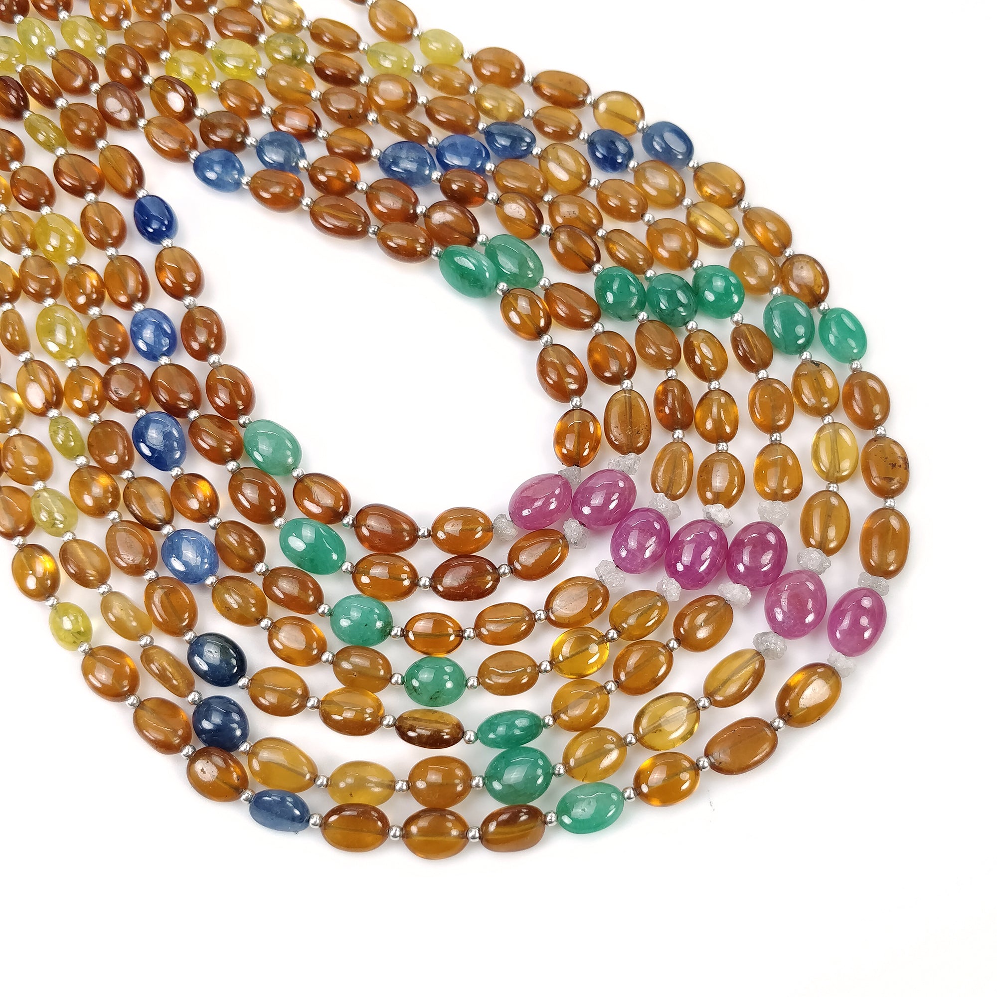 Natural Hessonite Garnet Blue Yellow Sapphire Coral Diamond Emerald Cat's Eye Ruby Pearl Navratan Necklace - 16.53gms, 9x7mm, 18K Gold | Spiritual Jewelry for Meditation, Wedding & Special Occasions