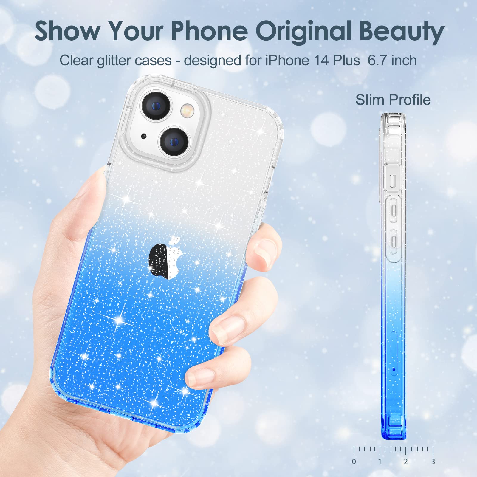 Hython Sparkly Glitter Case for iPhone 14 Plus - Cute Clear Shiny Bling TPU Cover with Gradient Blue Design | Anti-Scratch, Shockproof & Slim Fit Protective Phone Case for Women & Girls | Perfect for Parties, Daily Use & Gift Giving