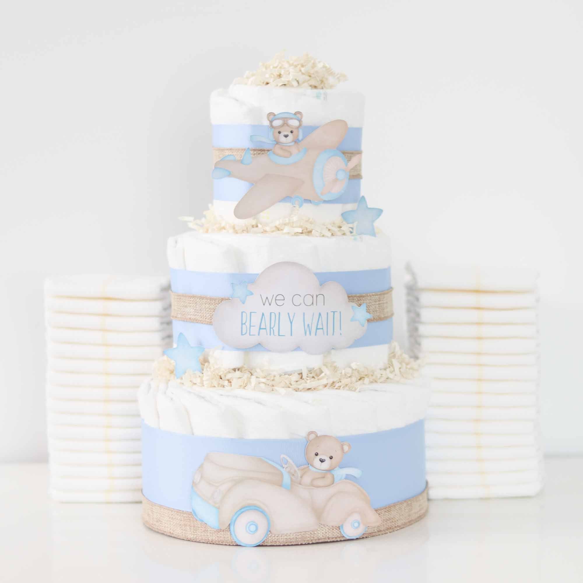 Adorable Blue Teddy Bear Diaper Cake - Perfect Baby Shower Gift & Nursery Decor - SKU: DCBG1003