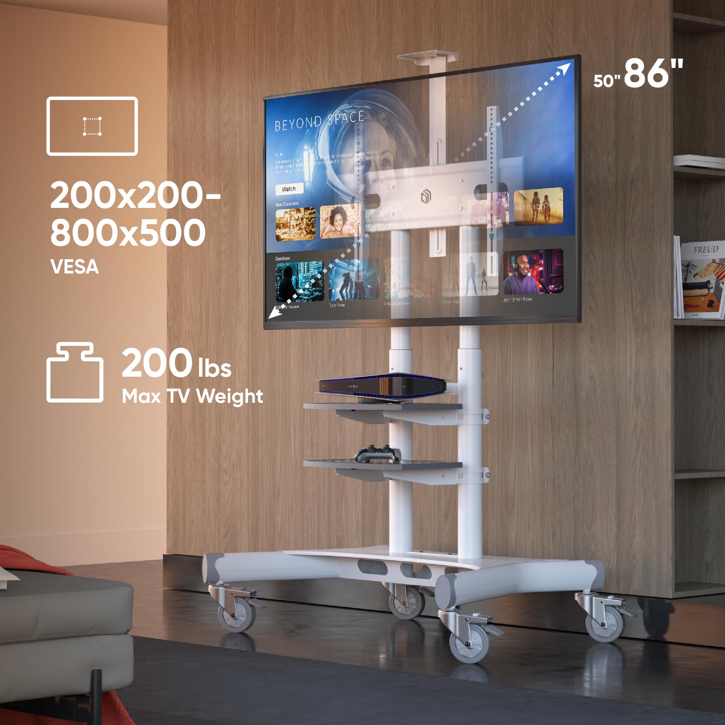 ONKRON Mobile TV Stand on Wheels for 50-86 Inch TVs up to 200 lbs - Height Adjustable Rolling TV Cart with Shelves, Max VESA 800x500 - White | Perfect for Living Rooms, Classrooms, and Office Presentations