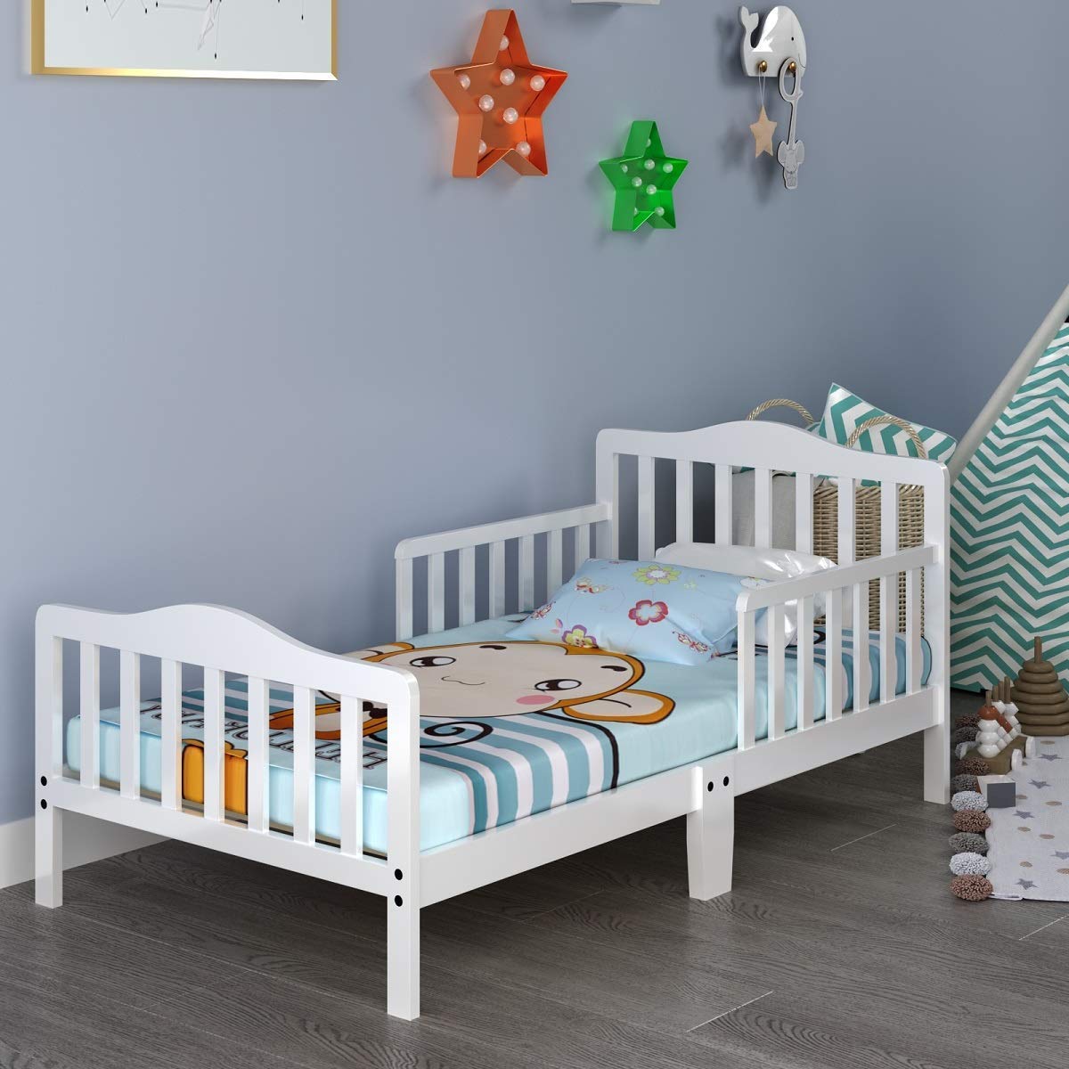 Costzon Toddler Wood Bed Frame with Safety Guardrail - White | Kids Bedroom Furniture for Boys & Girls