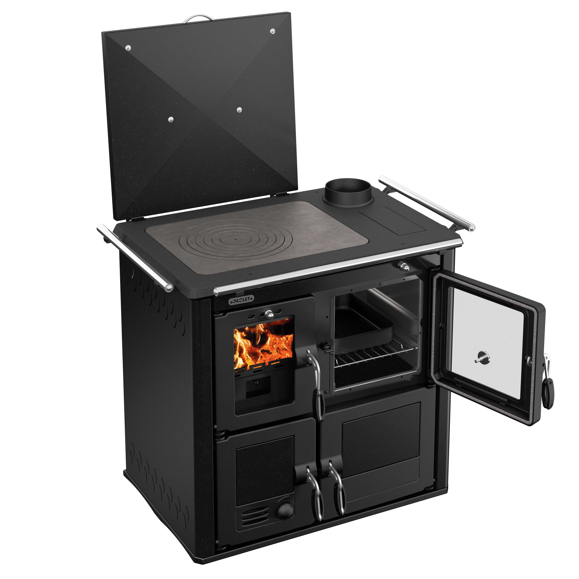 Drolet Outdoor Wood Burning Cook Stove with Cast Iron Hotplate & 4 Doors - Heavy Duty Ceramic Glass Camping Stove for Backyard, Cabin & Off-Grid Cooking (Model DB04800)