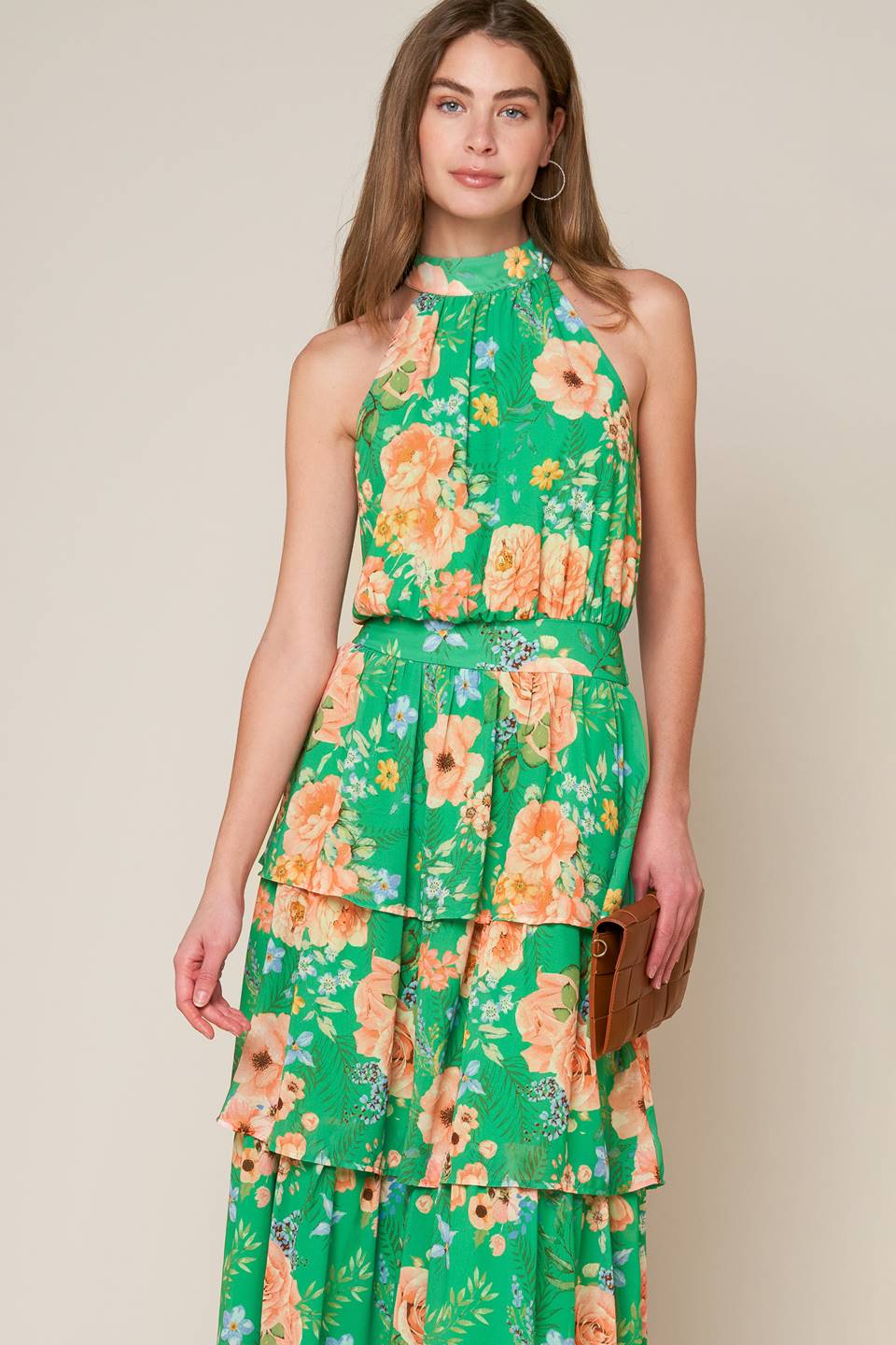 Porcelain Bloom Green Floral Halter Maxi Dress - Elegant Summer Beach Wedding Party Outfit for Women