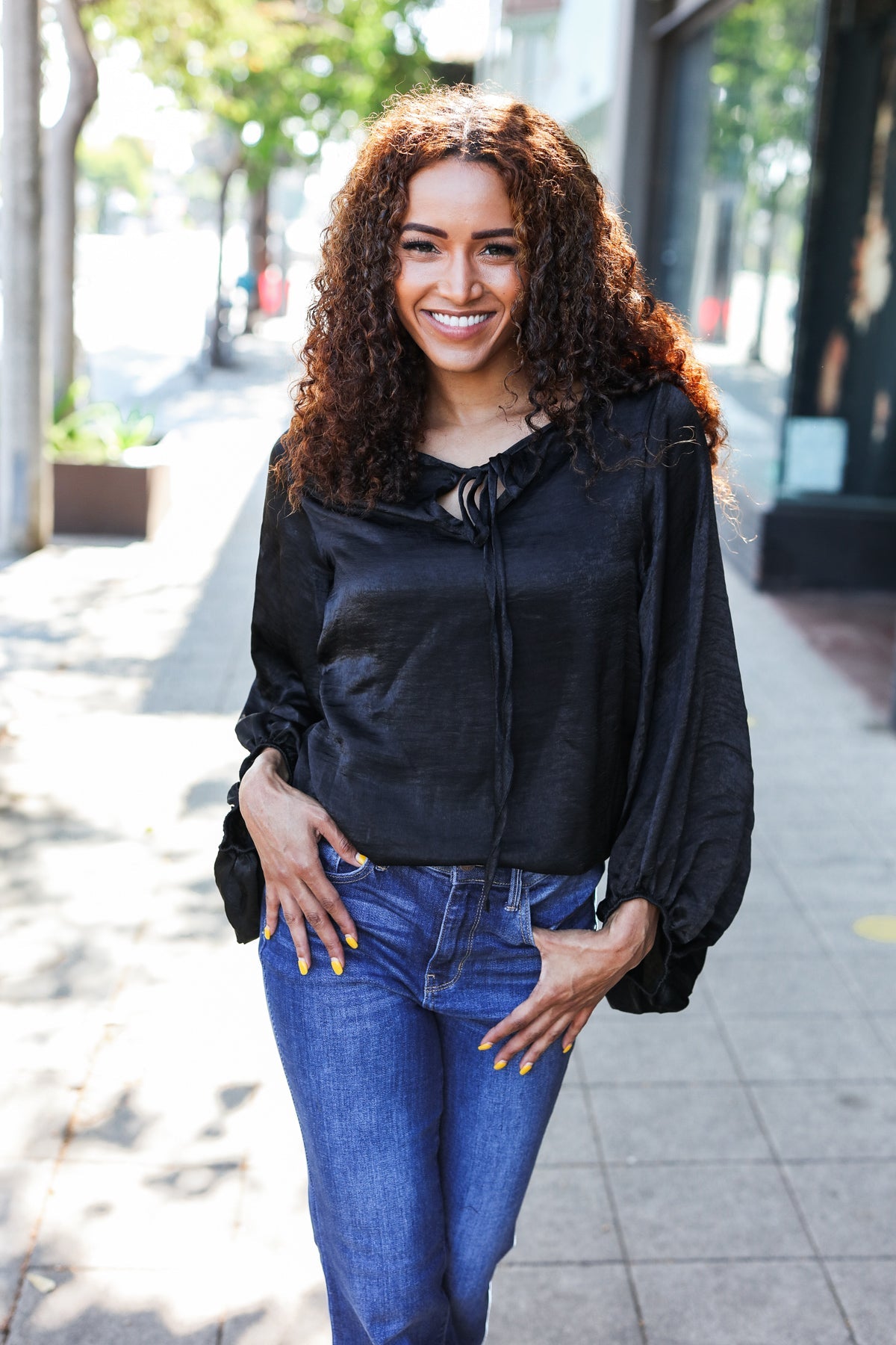 Live For Today Black Woven Front Tie Silky Blouse for Women | Elegant Office & Party Wear | Perfect for Work, Date Night & Special Occasions