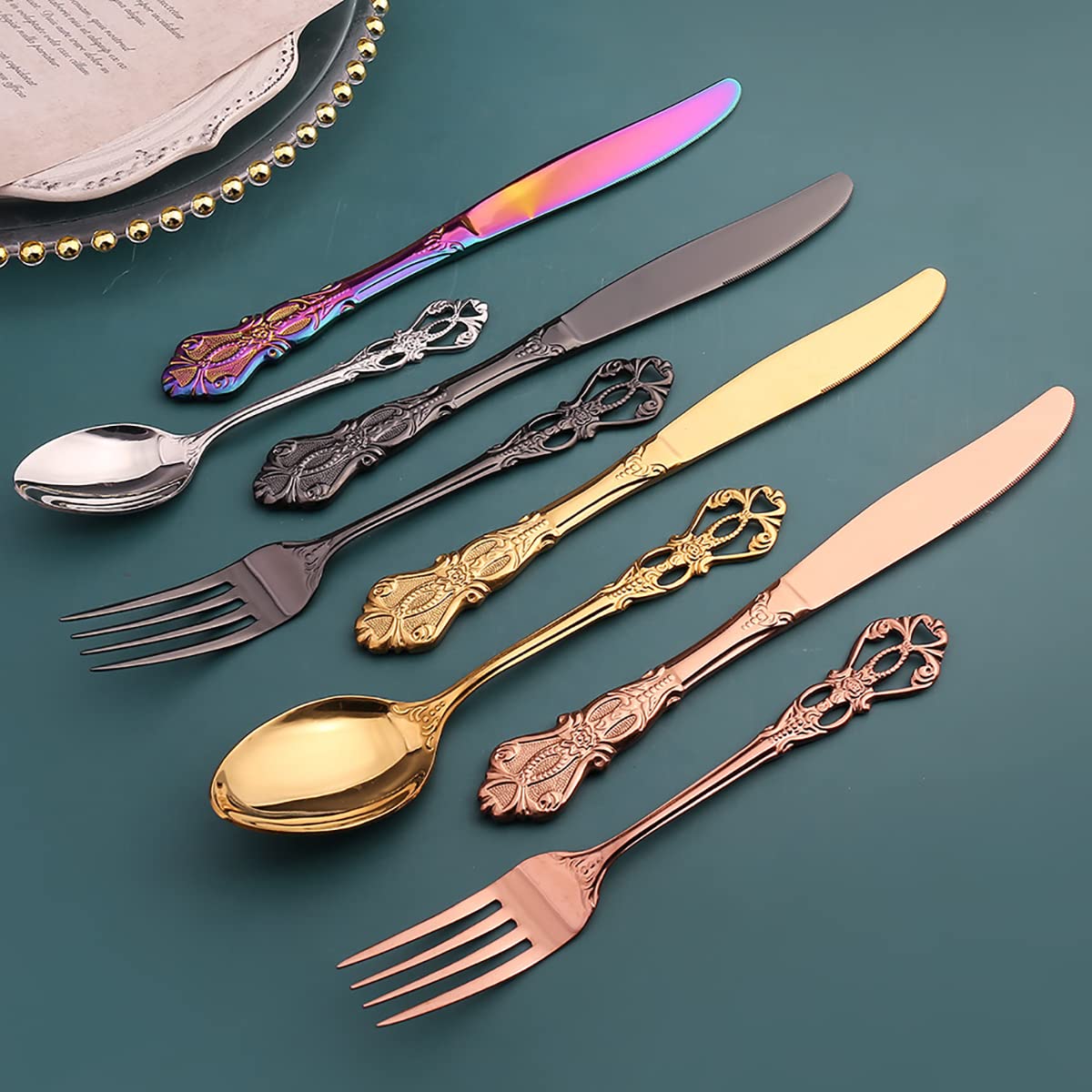 IKXO 24-Piece Stainless Steel Silverware Set for 4 - Mirror Polished Flatware Cutlery Set with Steak Knives, Forks & Spoons - Dishwasher Safe Utensils for Dining, Parties & Home Decor - Camouflage Design