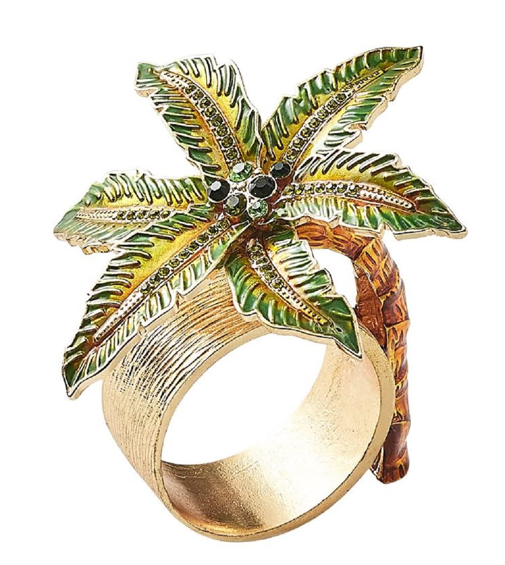 Kim Seybert Palm Coast Green & Gold Napkin Rings - Set of 4, Elegant Table Setting for Dinner Parties & Holiday Decor