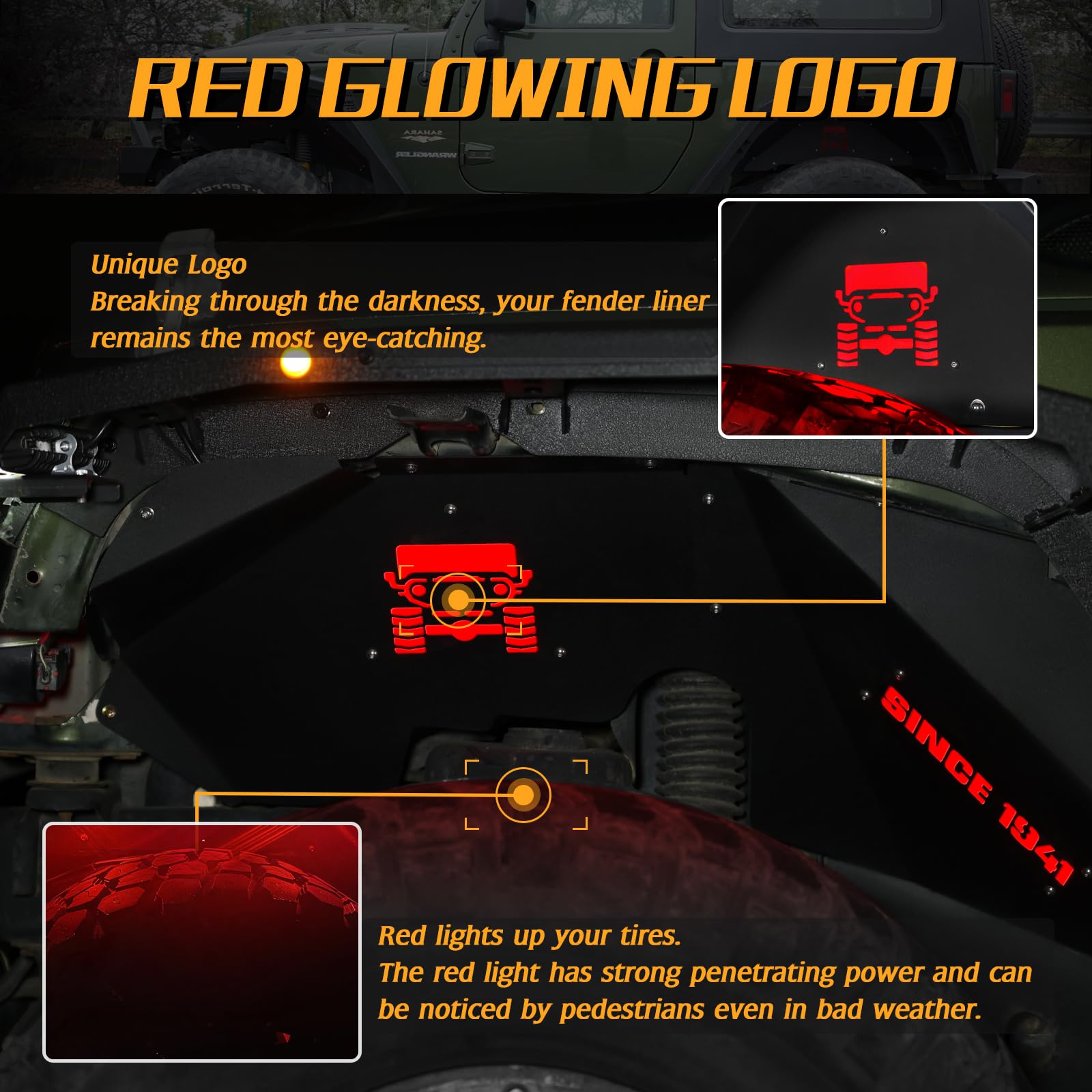 Jeep Wrangler Inner Fender Liners (2007-2018 JK JKU) - Aluminum Front & Rear Fender with 6 LED Lights | Compatible with Sport, Sahara, Rubicon 2/4 Door Models | Off-Road Protection & Enhanced Lighting for Night Adventures