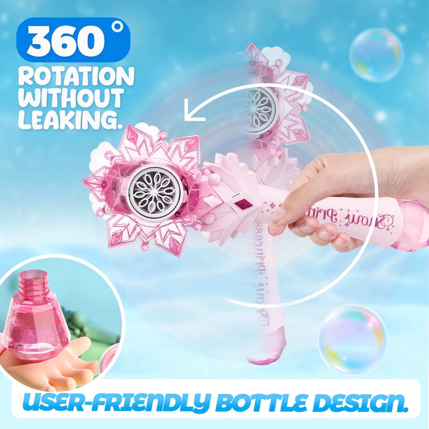 BELLOCHIDDO Princess Magic Wand Automatic Bubble Blower - Light Up Musical Snowflake Bubble Machine with Windmill & Bubble Solution, Frozen-Themed Birthday Gift for Girls (Perfect for Outdoor Play, Parties & Disney Princess-Themed Events)