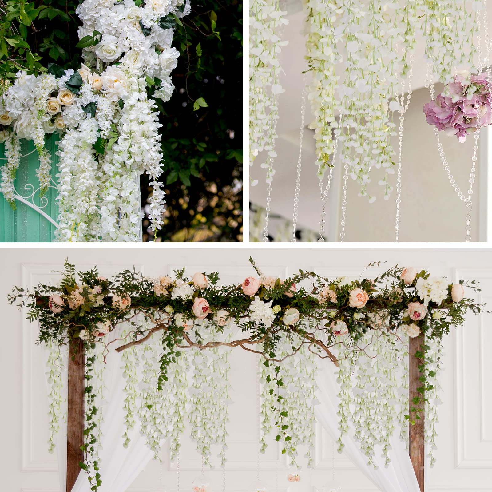 12 PCS Artificial Wisteria Hanging Flower Garland - Fake Wisteria Vine for Wedding, Party, Garden Decor - Outdoor Greenery & Office Wall Decoration (White) - Perfect for Home, Patio, and Event Backdrops