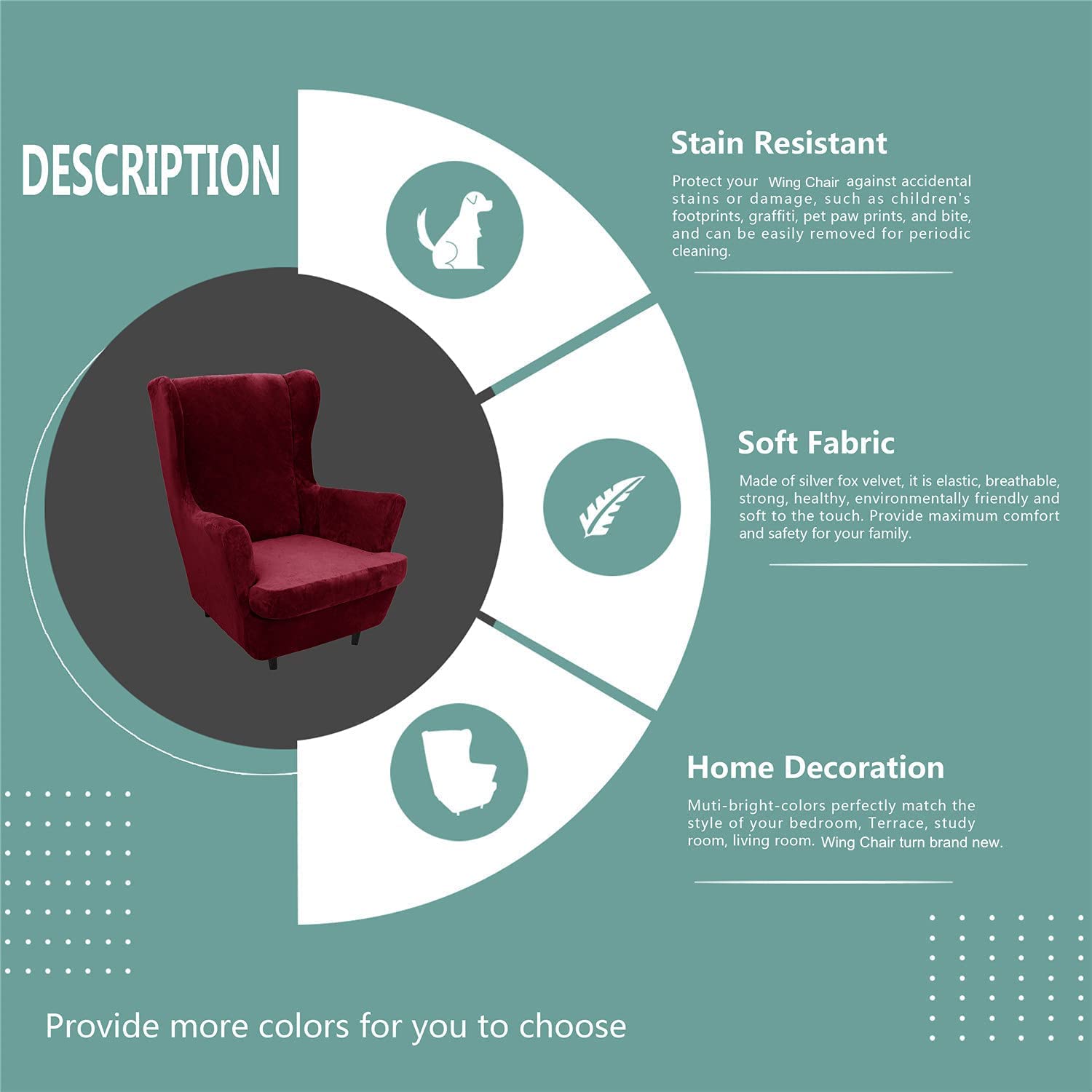 Velvet Wingback Chair Slipcover 2-Piece Set - Stretch Plush Wing Chair Covers with Cushion Cover, Furniture Protector for Living Room & Bedroom - Wine Red