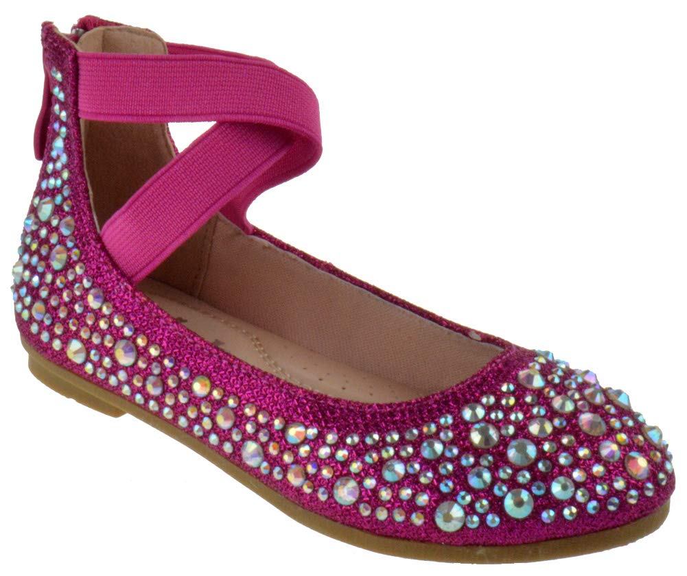 Larissa 83K Rhinestone Ballerina Flats for Little Girls - Sparkly Elastic Strap Ballet Shoes for Dance Class, Recital & Dress Up