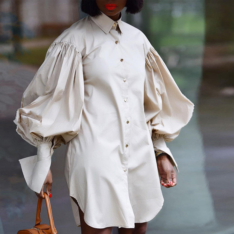 Stylish Solid Color Shirt Dress with Puffed Sleeves for Women | Casual & Office Wear | Perfect for Work, Dates & Everyday Outfits