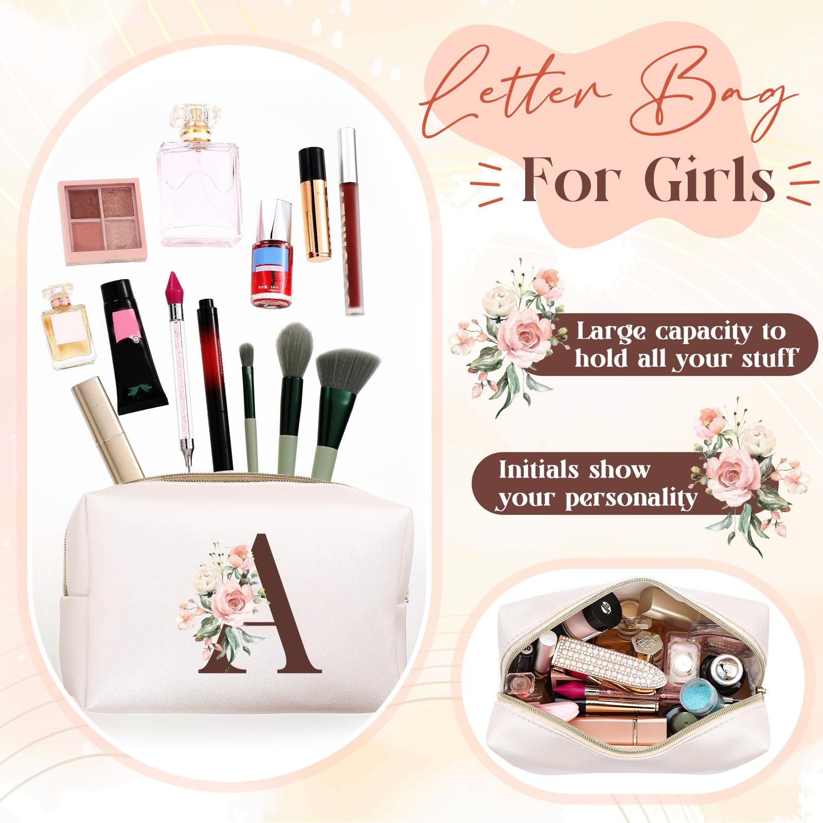 Personalized Monogram Makeup Bag with Initial - Custom Letter A Cosmetic Pouch for Women & Teens | Perfect for Travel, Gym, Birthday, Mother's Day & Graduation Gifts | Trendy Preppy Accessory for Girls
