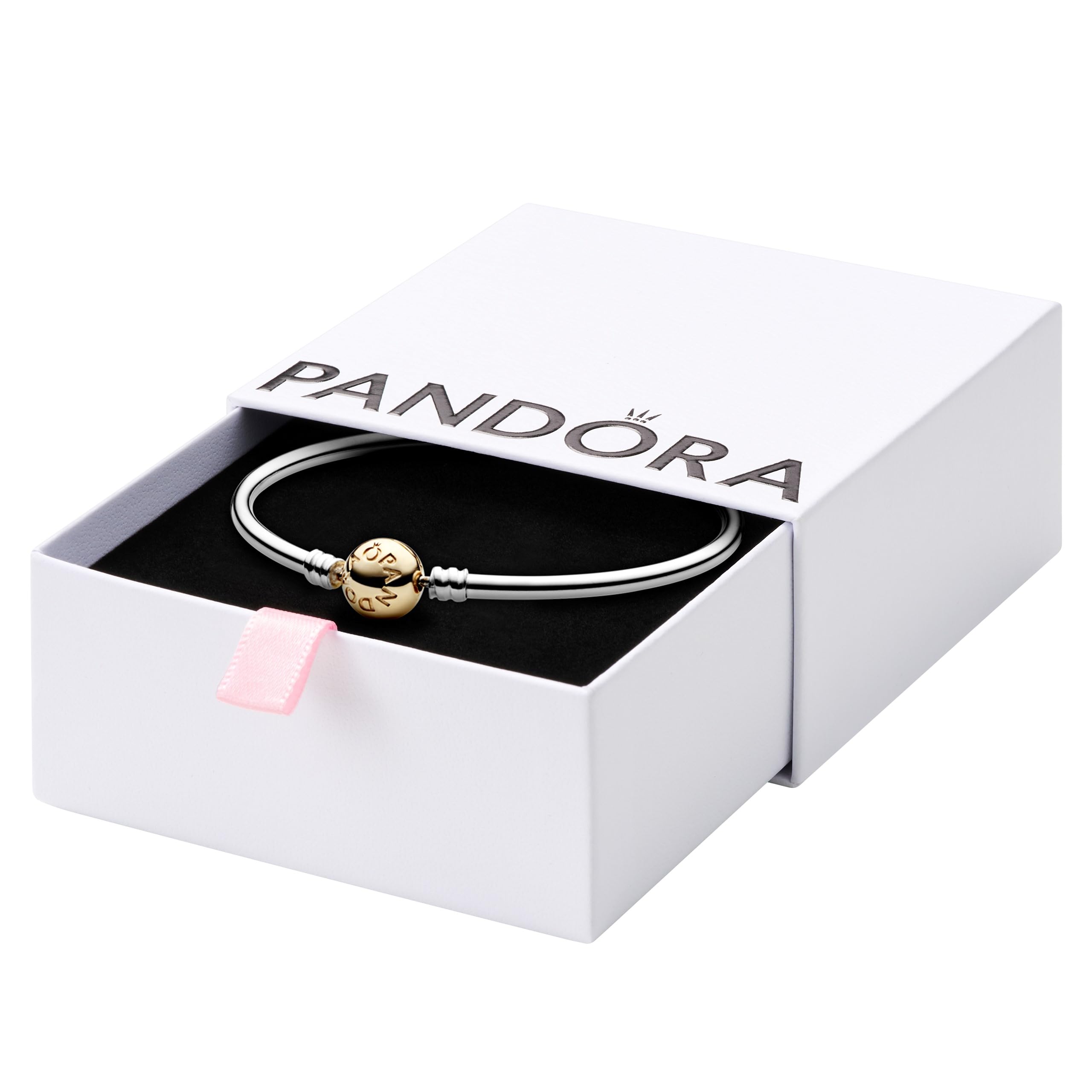 PANDORA Moments Two-Tone Ball Clasp Bangle Bracelet for Women - 14k Gold & Sterling Silver Charm-Compatible Jewelry - Elegant Gift for Her with Gift Box - Perfect for Anniversaries, Birthdays & Special Occasions