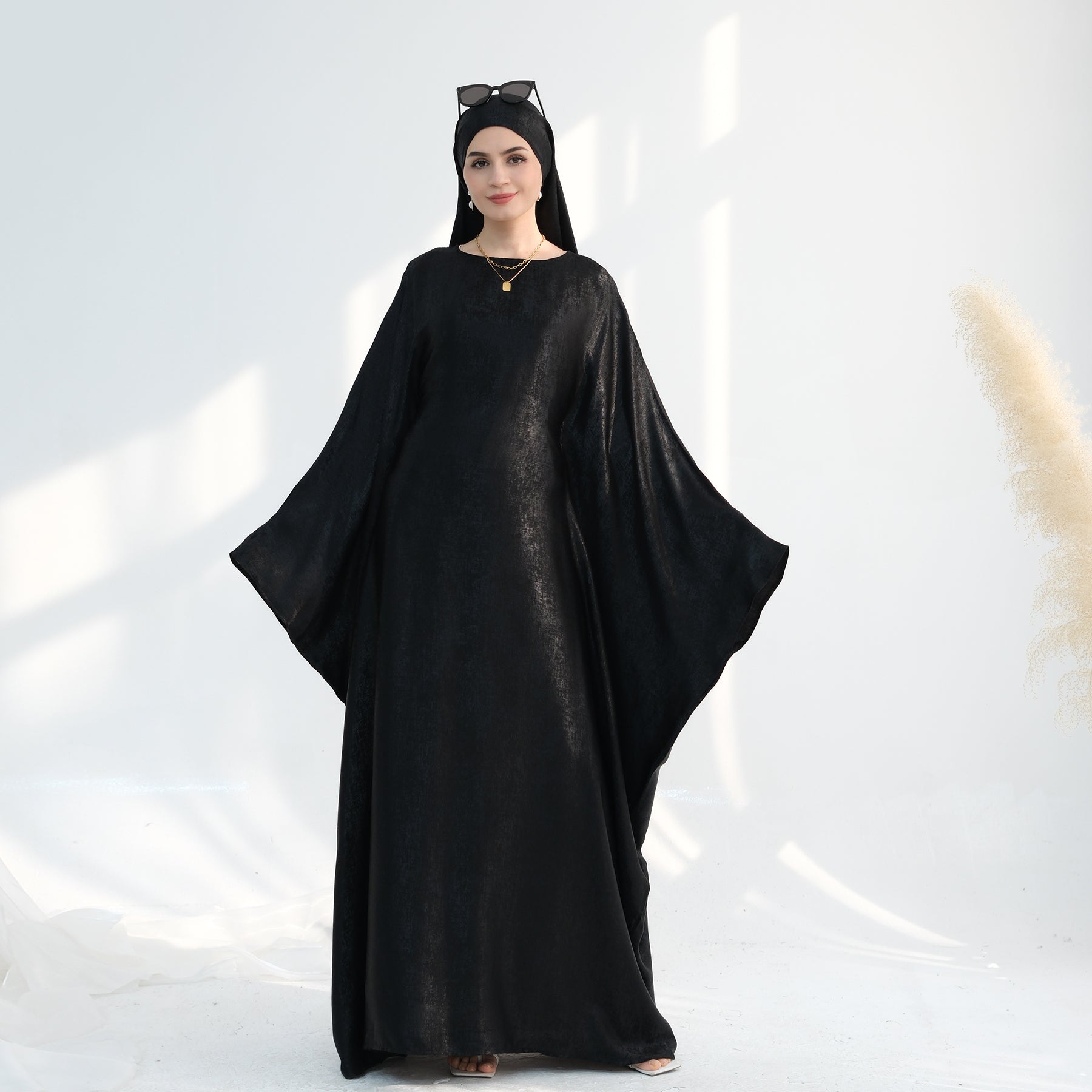 Linora Shimmer Butterfly Abaya - Elegant Black Islamic Dress for Women | Perfect for Prayer, Eid, Wedding & Special Occasions