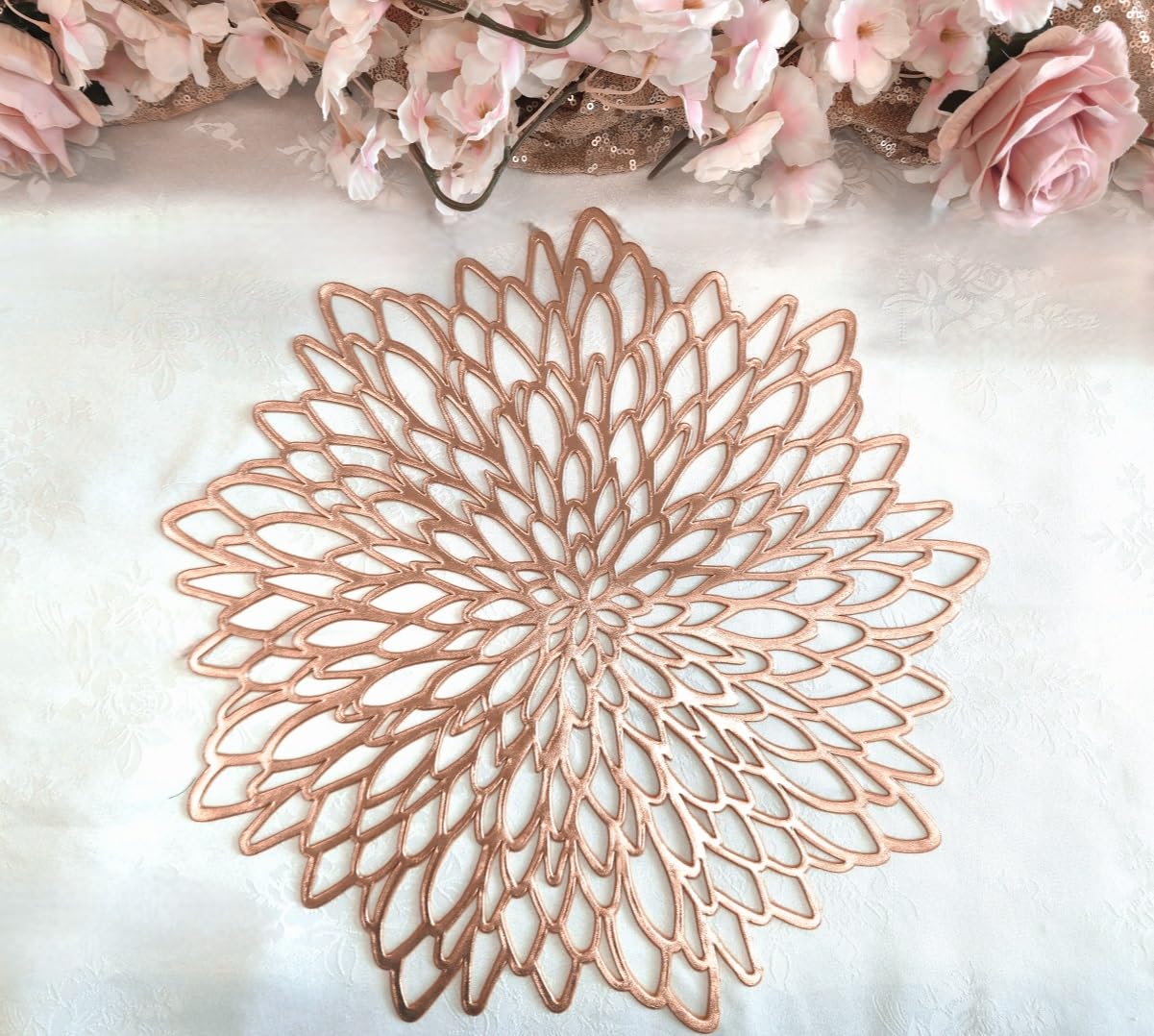 120-Pack Metallic Pressed Vinyl Placemats for Weddings & Events - Elegant Leaf Design in Rose Gold - Perfect for Table Settings, Party Decor, and Special Occasions