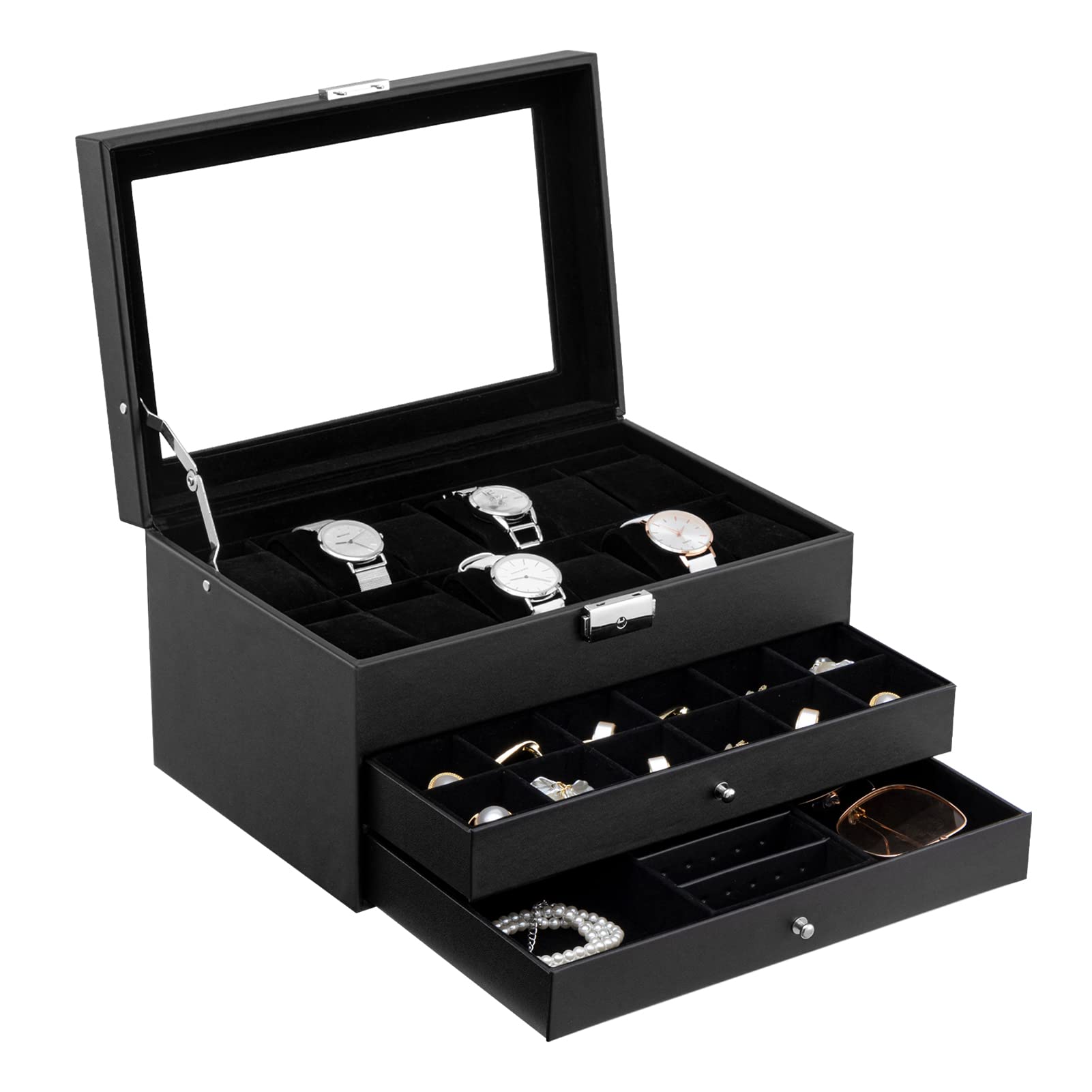 Premium PU Leather Jewelry Box & Watch Organizer - 3-Layer Wooden Storage Case for Men & Women - Perfect for Display, Travel, and Business Gifts (Black)