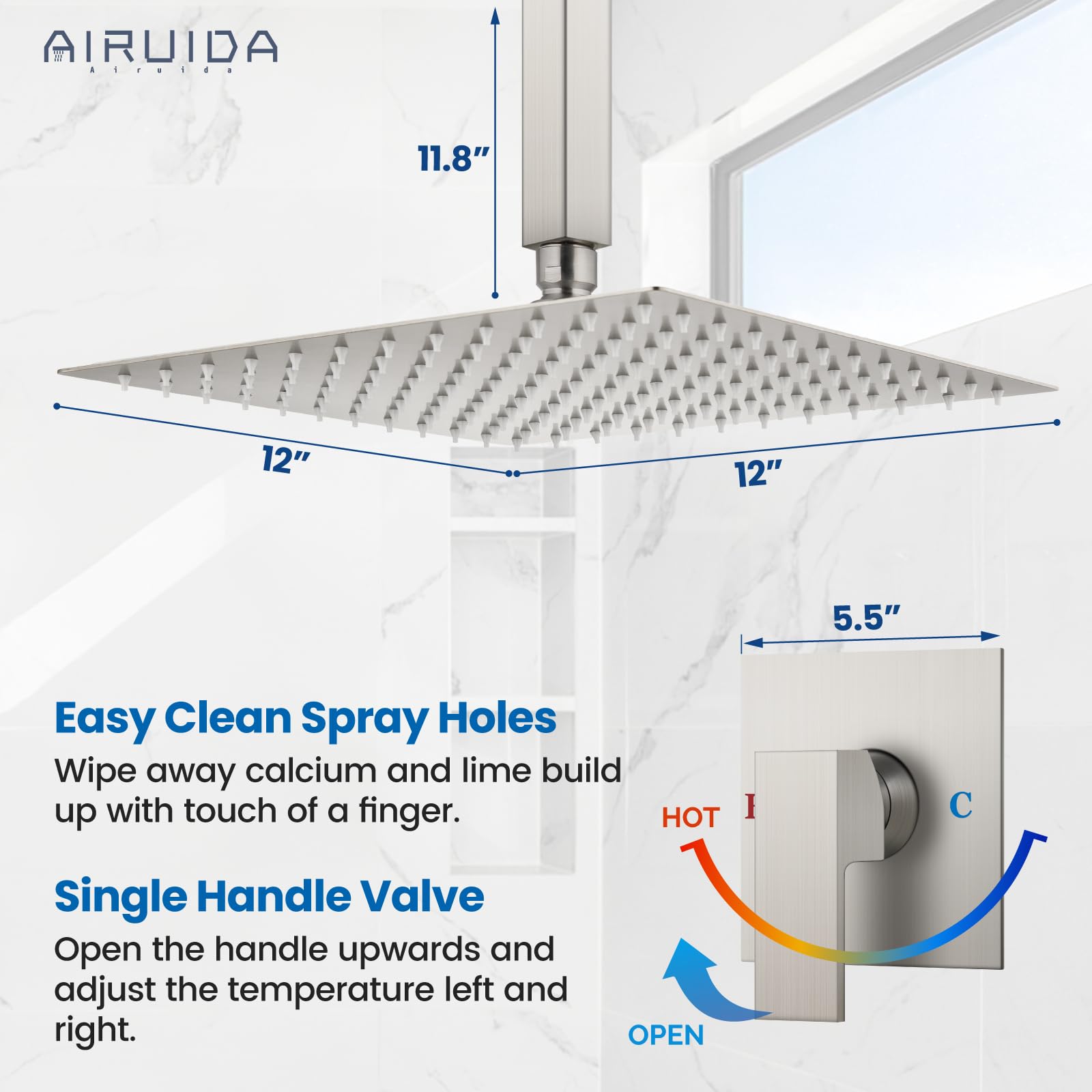 Airuida Brushed Nickel 12 Inch Square Rainfall Shower System - Single Function Ceiling Mount Shower Faucet Set with Male Threads & Rough-in Valve | Perfect for Modern Bathroom Renovations & Spa-Like Shower Experience