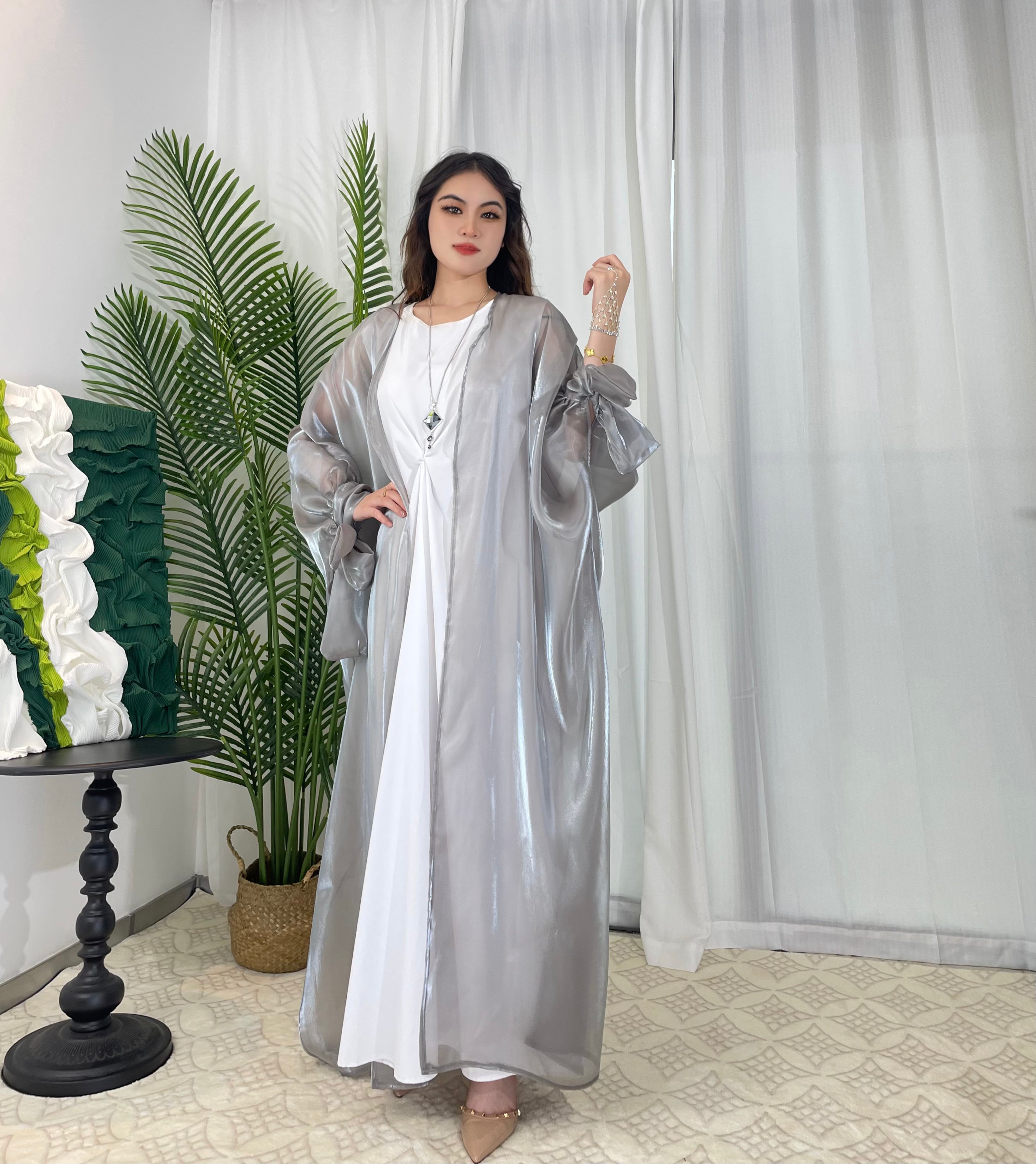 Luxury Open Front Abaya Dress for Women - Elegant Organza Fabric with Silk-Like Sheen - Plus Size Options Available - Perfect for Special Occasions, Weddings & Evening Events