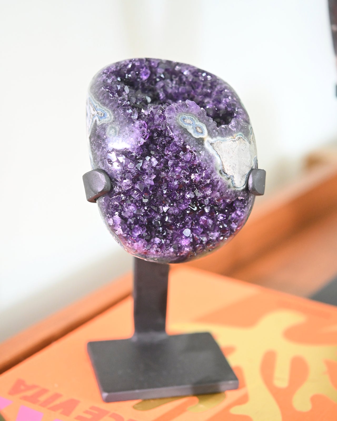 Natural Amethyst Crystal Geode on Wooden Stand - 3.8lbs Healing Stone for Home Decor, Meditation & Spiritual Gifts | Perfect for Living Room, Office & Yoga Space