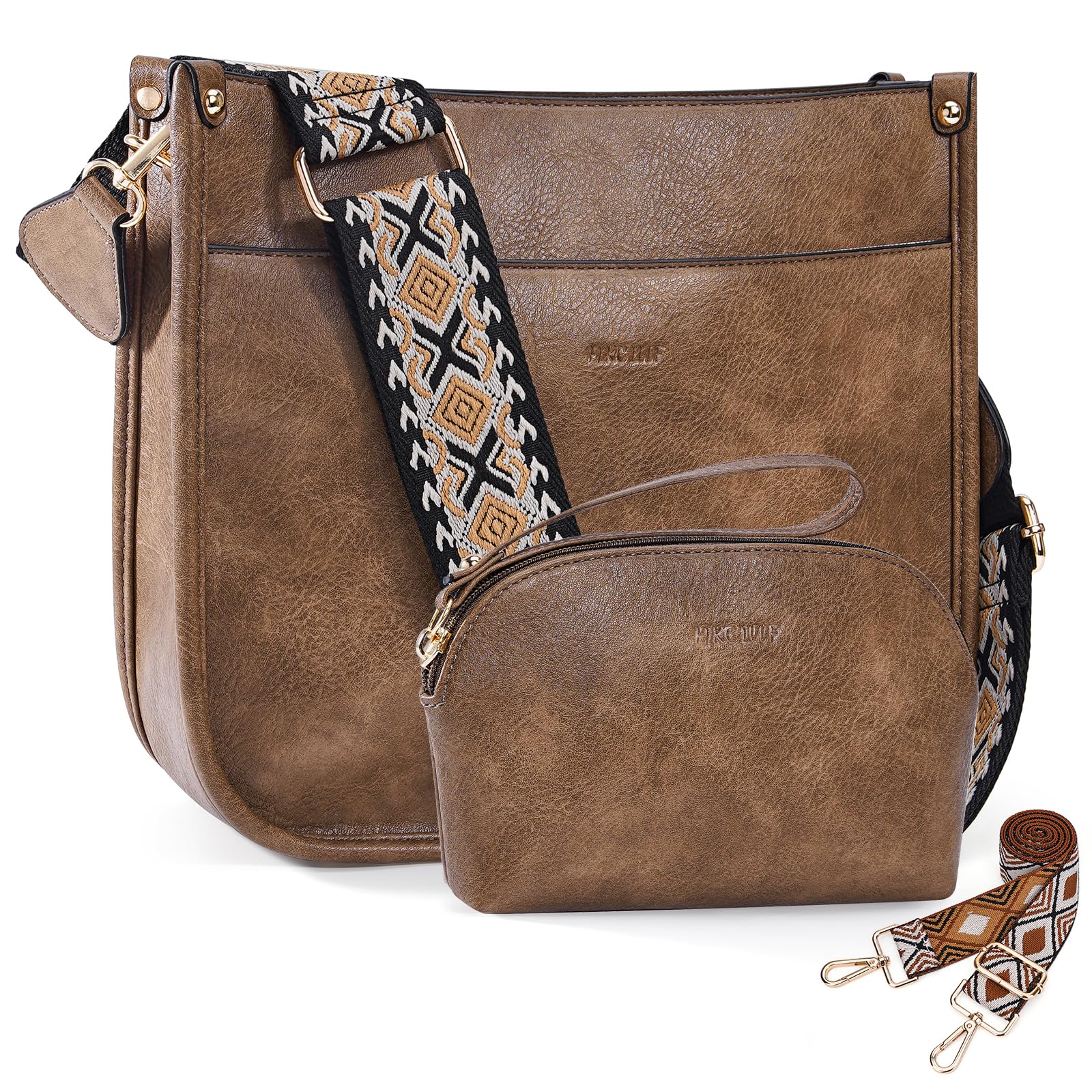 HKCLUF Women's Leather Crossbody Bag & Wallet Set - 2-Piece Hobo Handbag with Adjustable Guitar Strap - Perfect for Travel, Shopping & Everyday Use