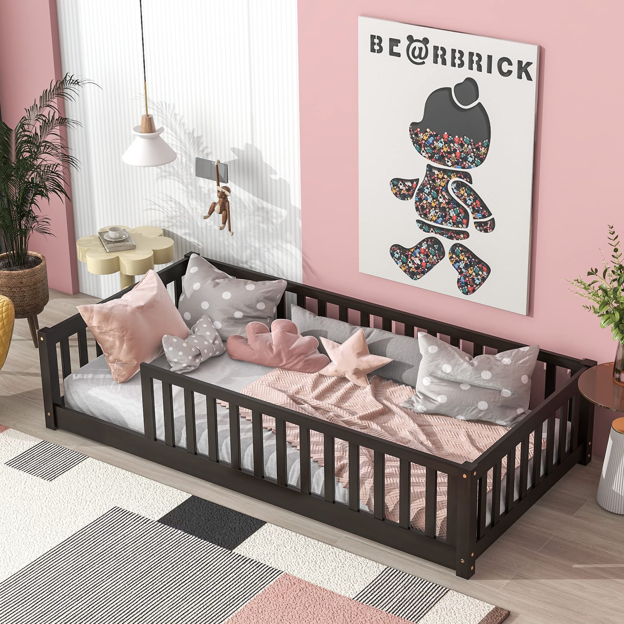 Montessori Twin Floor Bed for Kids - Solid Wood Frame with Sturdy Slats & Safety Rail - Durable Toddler Bed for Boys, Girls & Teens - Espresso Finish - Perfect for Montessori Rooms, Daycare or Small Spaces