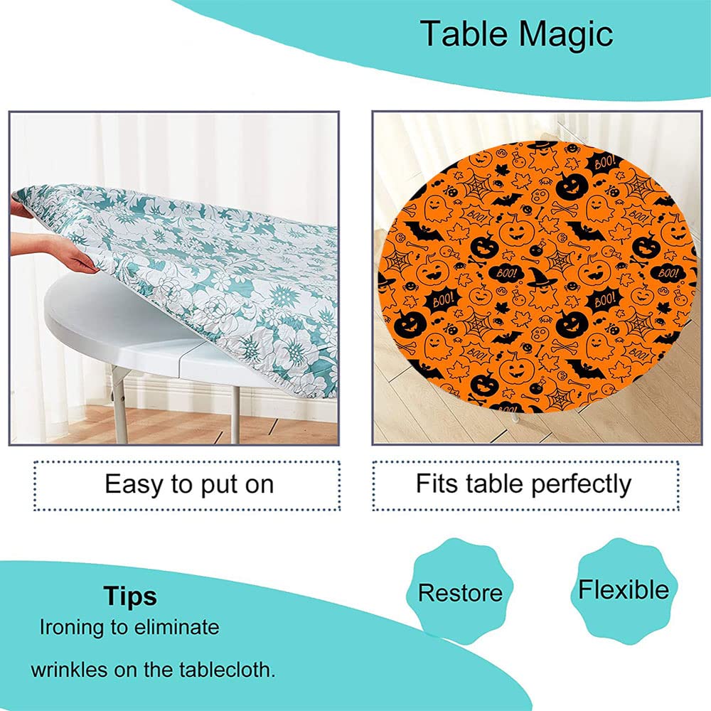 **Halloween Round Tablecloth with Elastic Edge - 3D Printed Halloween Pattern - Fits 56