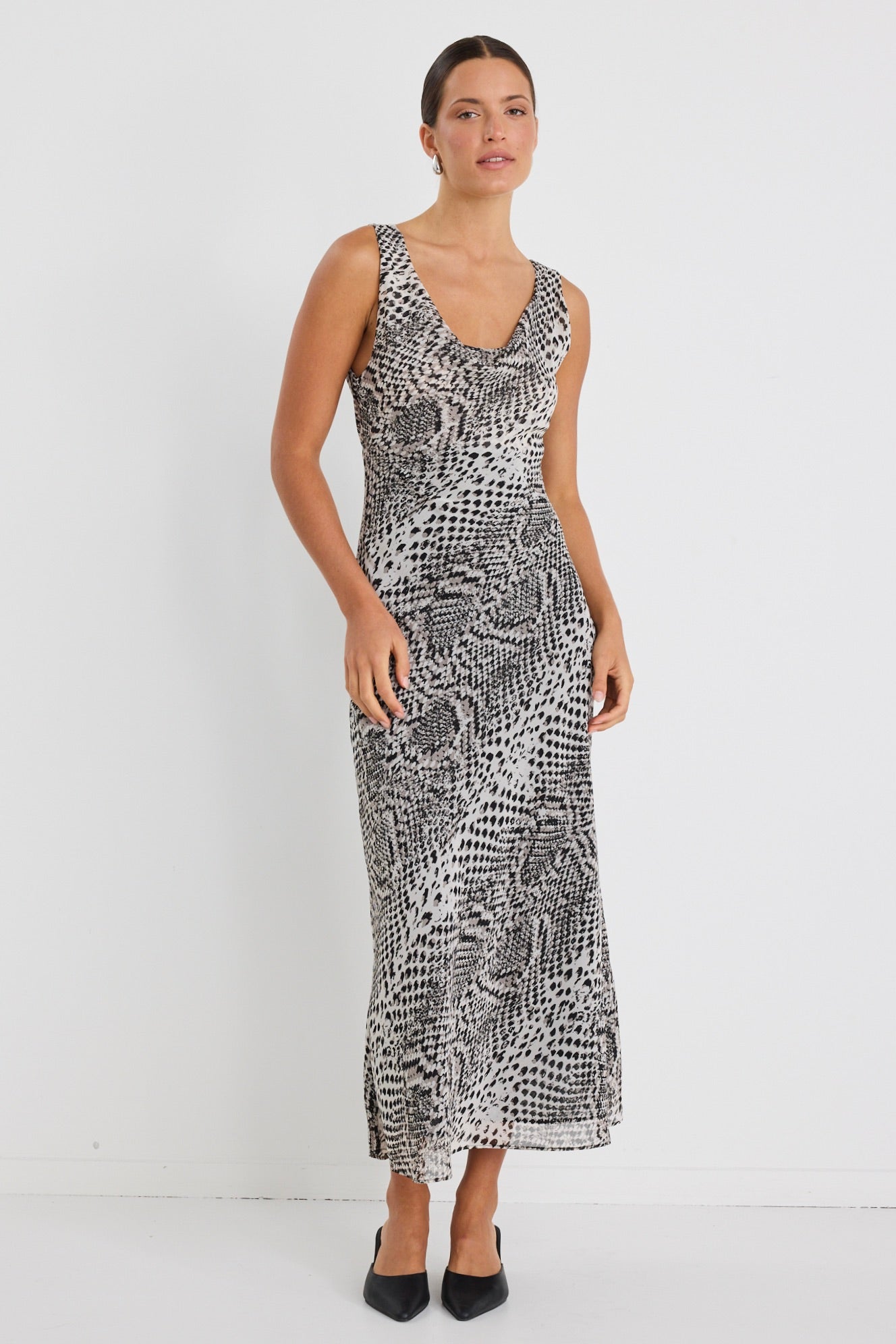 Allure Charcoal Snake Print Cowl Neck Bias Cut Slip Dress - Elegant Evening Wear for Parties, Dates & Special Occasions