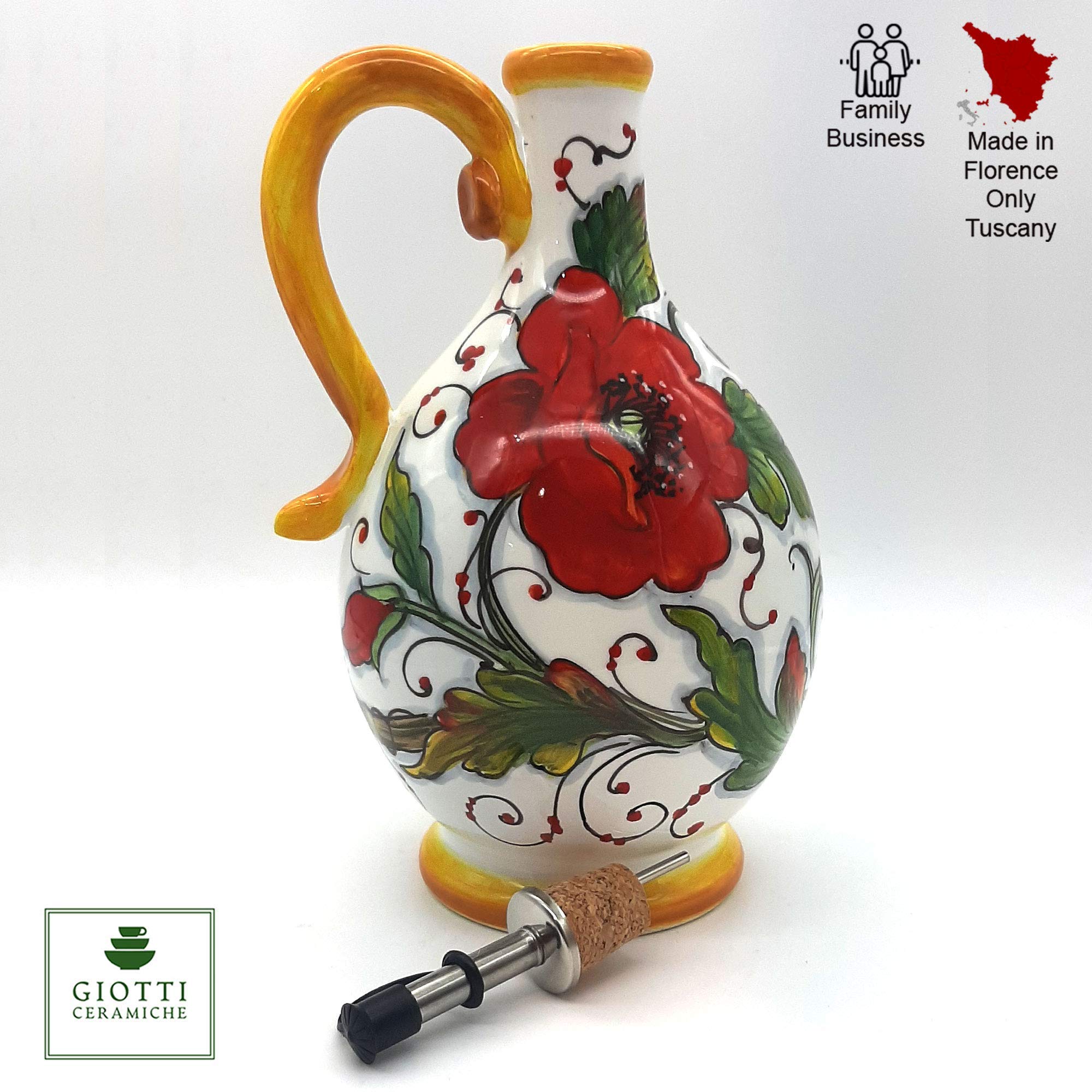 Italian Ceramic Olive Oil Dispenser Bottle - Hand Painted XL 14oz Oil Cruet with Sunflower & Poppies Design - Tuscan Kitchen Decor - Perfect for Cooking, Salad Dressing & Gourmet Gifts - Made in Italy