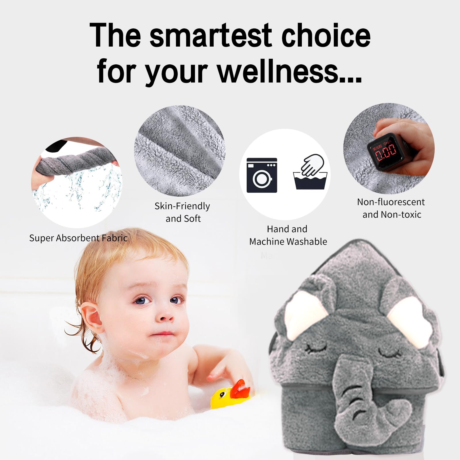 HiABsee Ultra Soft Hooded Baby Towels for Newborns - Grey Elephant Design, Absorbent Bath Towel for Boys & Girls | Perfect for Post-Bath, Swimming & Photo Shoots