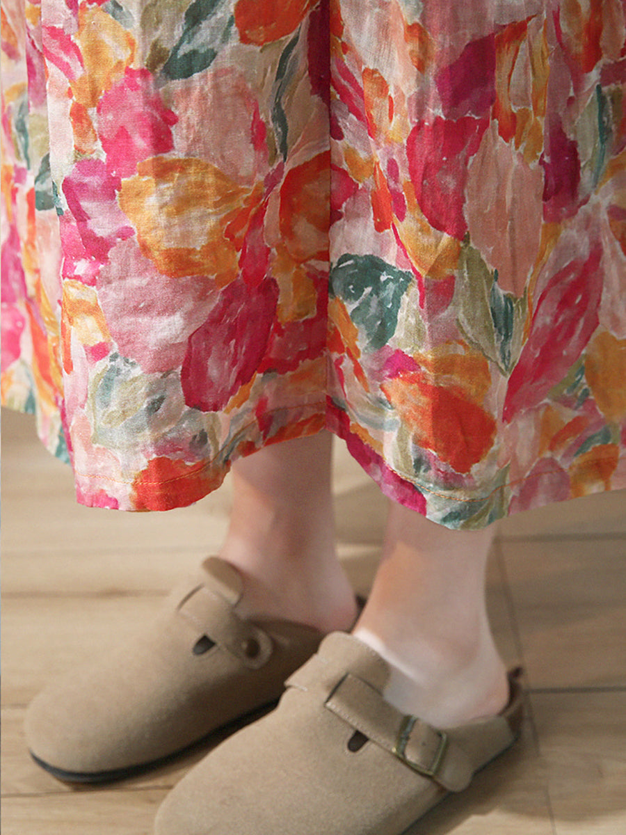Plus Size Women's Summer Floral Drawstring Ramie Skirt - Boho Chic Flowy Midi Skirt for Beach Vacation & Casual Outings