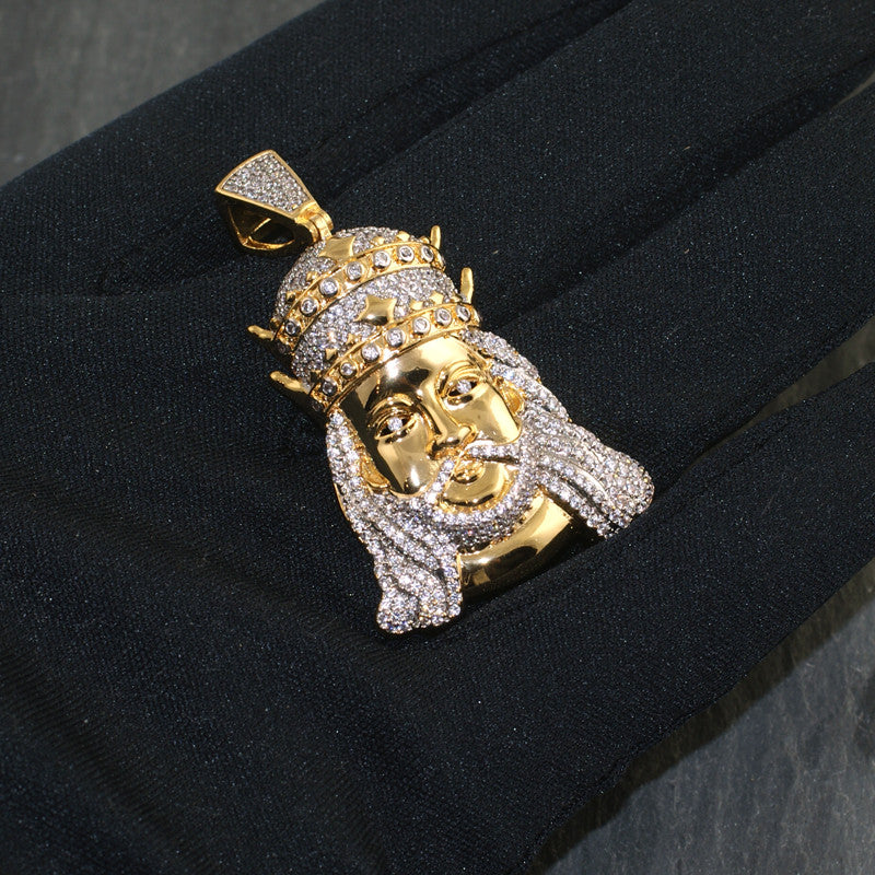 14K Gold Double Crown Jesus Iced Out Pendant Necklace for Men - Religious Jewelry Gift for Baptism, Confirmation & Church Events