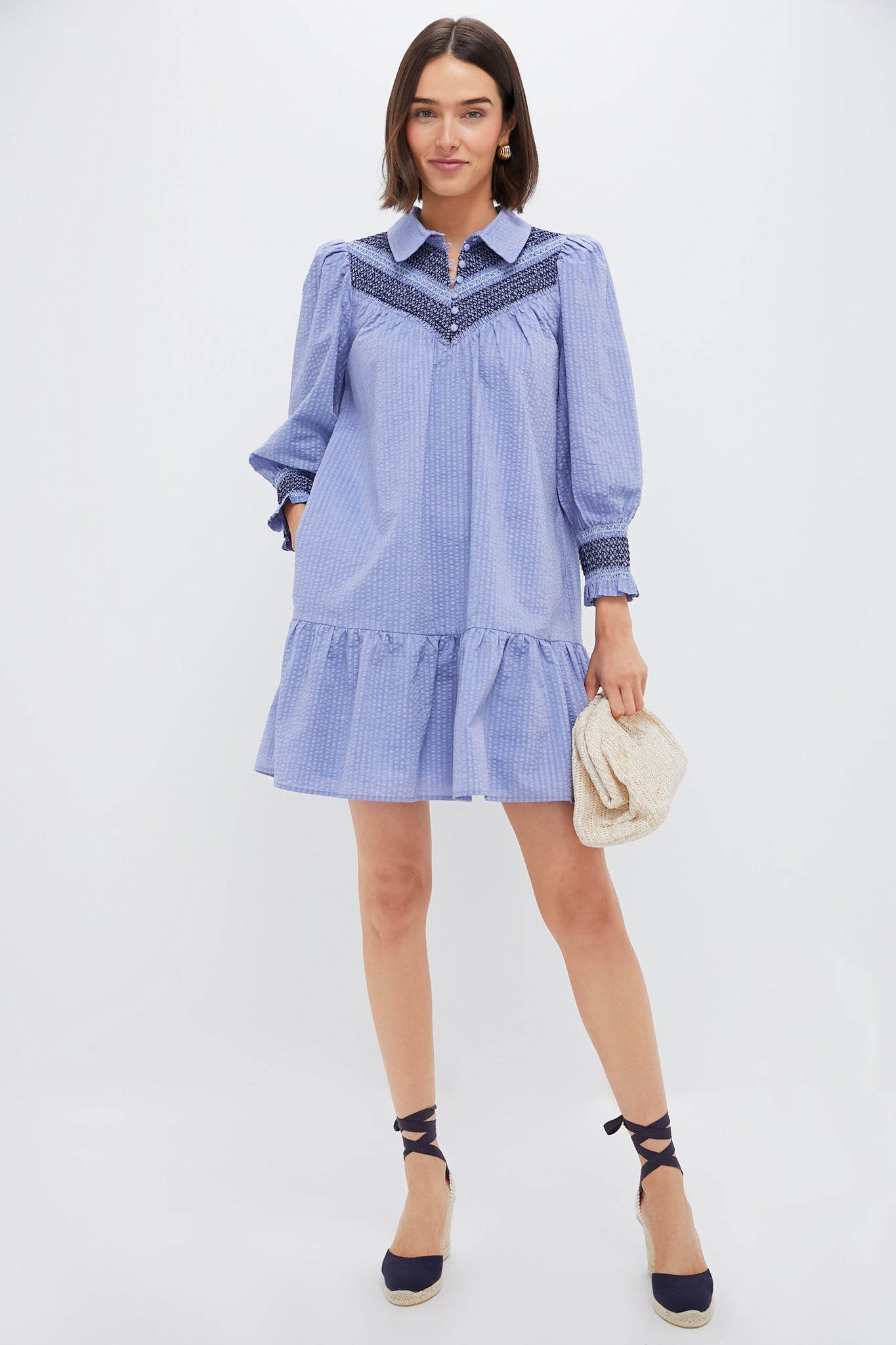 Blue Seersucker Smocked Venice Dress for Women | Summer Casual & Beach Wear | Perfect for Vacations, Parties & Outdoor Events