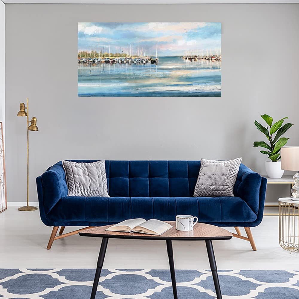 Blue Harbor Fine Art Canvas Wall Decor - Hand Painted Ocean Seascape Painting for Living Room, Bedroom, Office - Ready to Hang 40x21 Inches - Perfect for Coastal & Nautical Home Decor