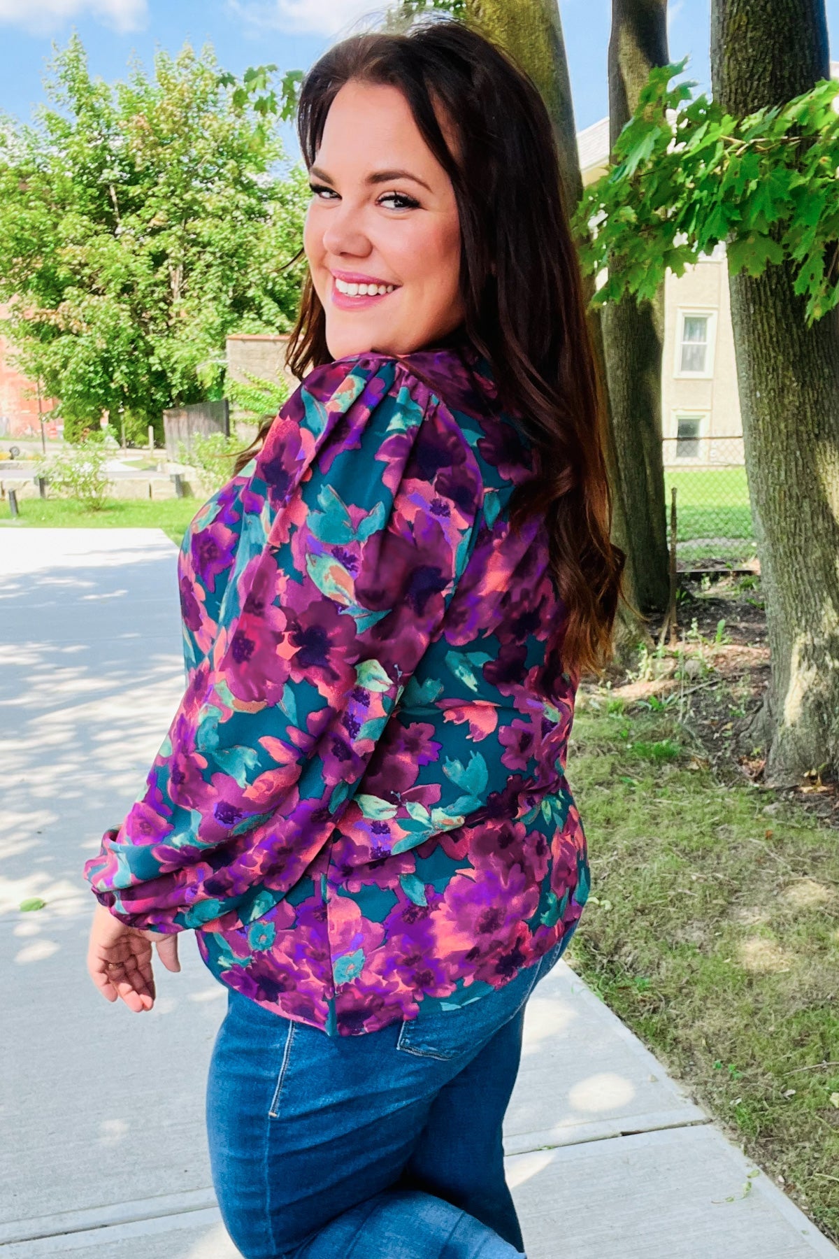 Stylish Hunter Green Watercolor Floral Print Notch Neck Blouse - Elegant Women's Tops for Casual Wear, Office Outfits & Spring Fashion