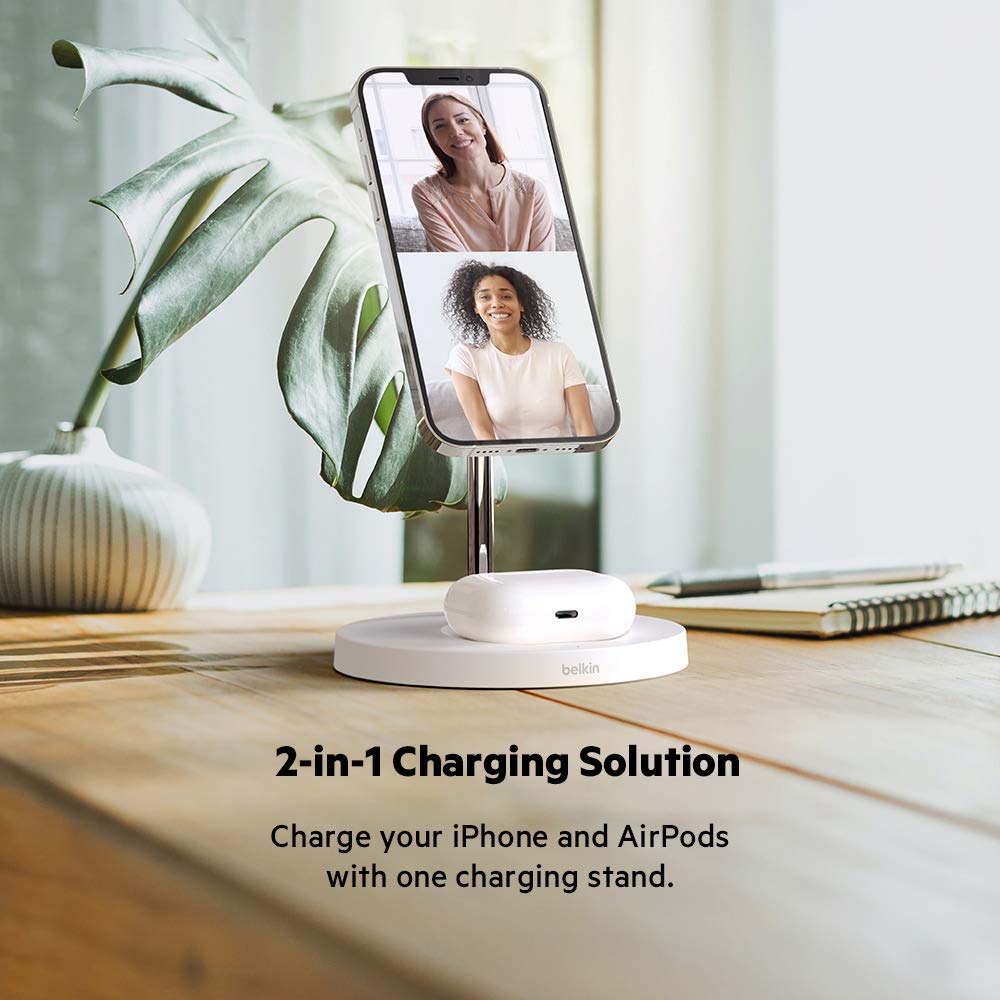 Belkin MagSafe 2-in-1 Wireless Charger Stand - 15W Fast Charging for iPhone 13/12/Pro/Pro Max/Mini & AirPods | Perfect for Bedside, Office Desk & Travel Charging