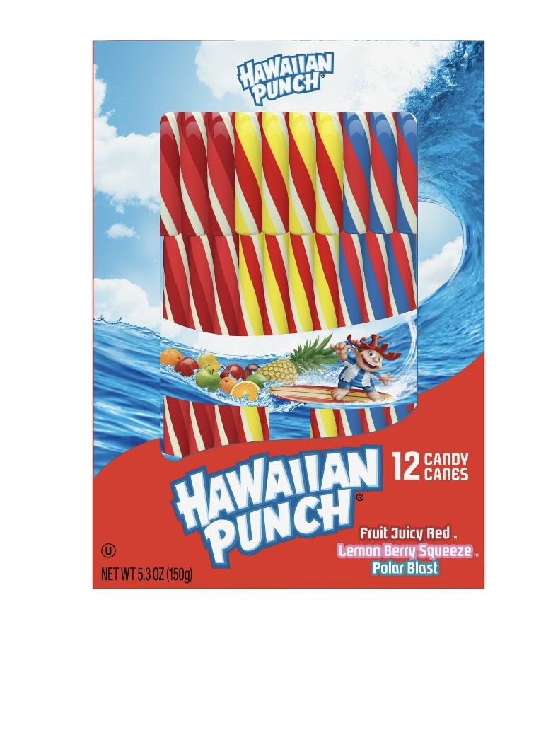 Spangler Hawaiian Punch 12ct Candy Canes - 5.3oz Box with Lemon Berry Squeeze, Fruit Juicy Red & Polar Blast Flavors | Holiday Treats, Christmas Stocking Stuffers & Party Favors