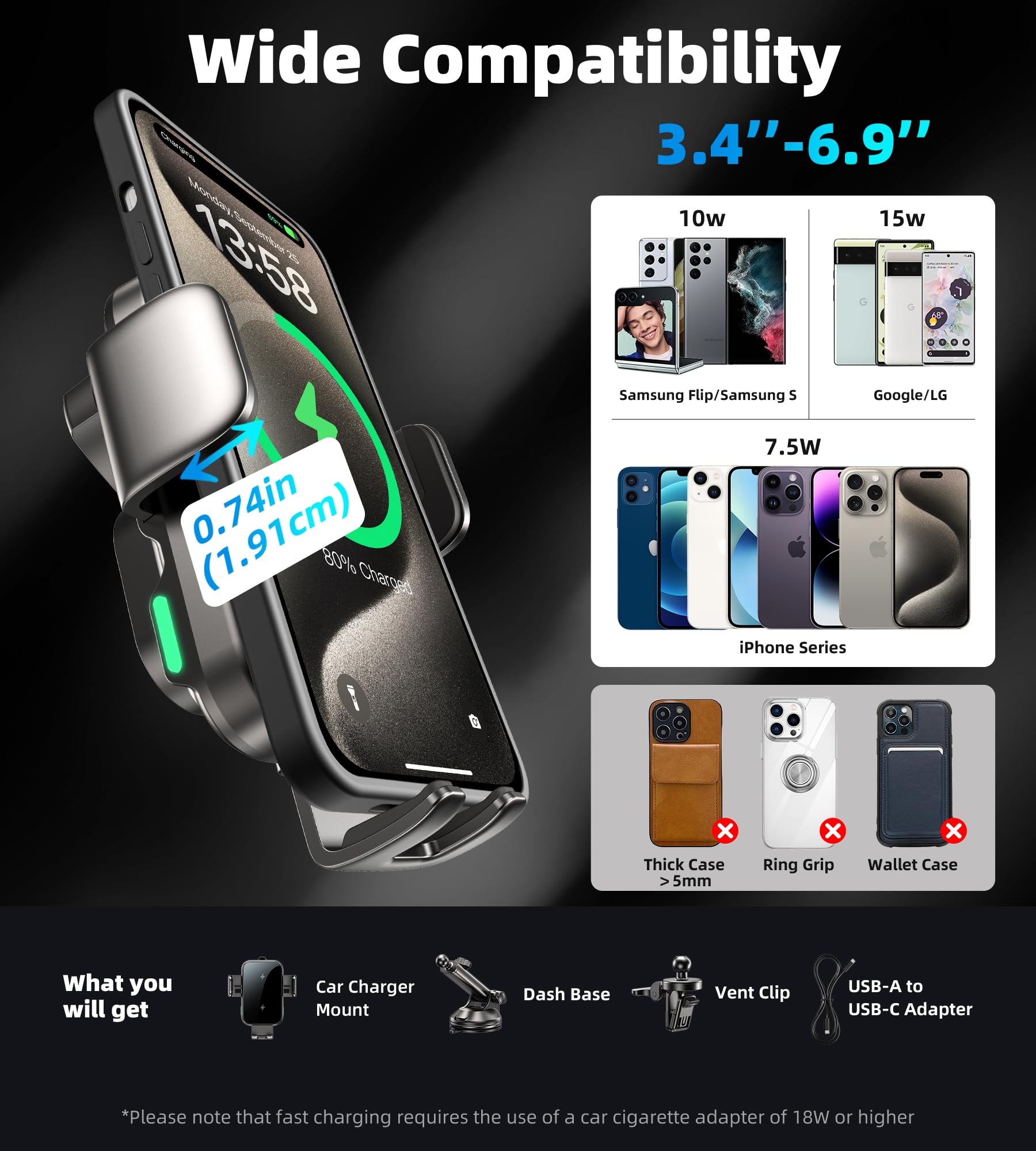 15W Dual Coil Wireless Car Charger Phone Mount - Auto Clamping & Secure Grip for iPhone 15/14/13/12, Samsung Galaxy S24/S23/S22/S21 - Dashboard/Vent/Windshield Mount - Perfect for Commuting, Road Trips & GPS Navigation