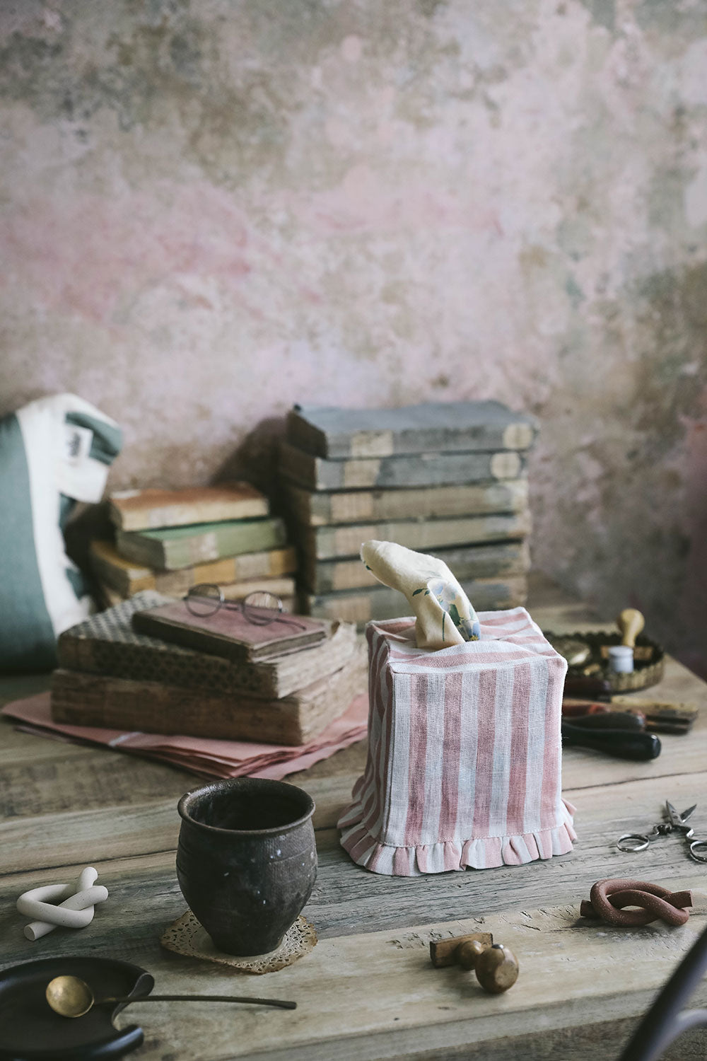 Linen Tissue Box Cover Blush Stripe - Elegant Home Decor for Living Room, Bedroom & Bathroom Organization