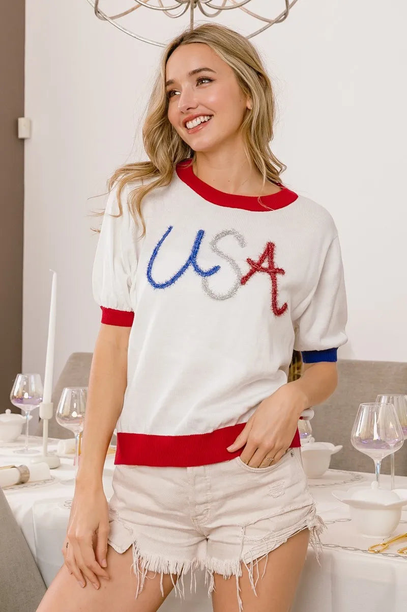 BiBi USA Women's Metallic Letter Color Block Knit Top - Trendy Casual Pullover for Streetwear & Everyday Fashion