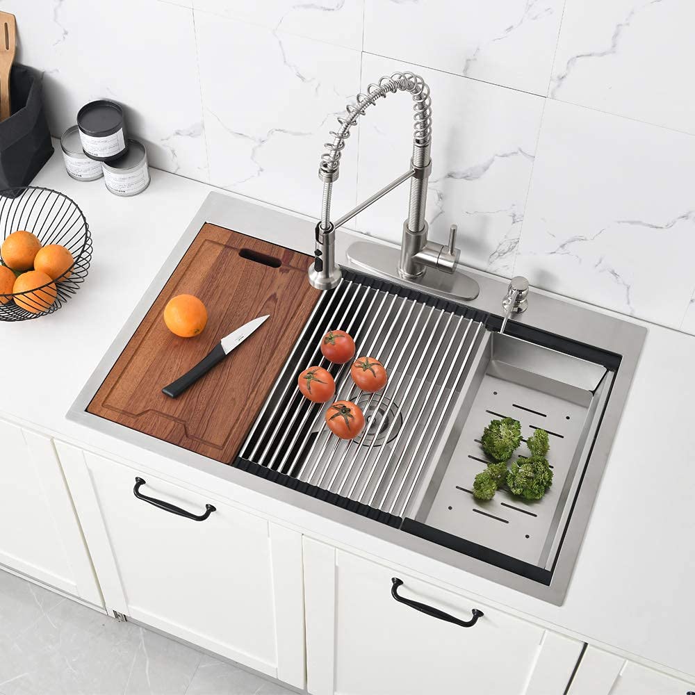 30x22 Inch Stainless Steel Drop-In Kitchen Sink Workstation - 16 Gauge Deep Single Bowl with Cutting Board | Perfect for Meal Prep, Dishwashing & Small Kitchen Spaces | Bokaiya