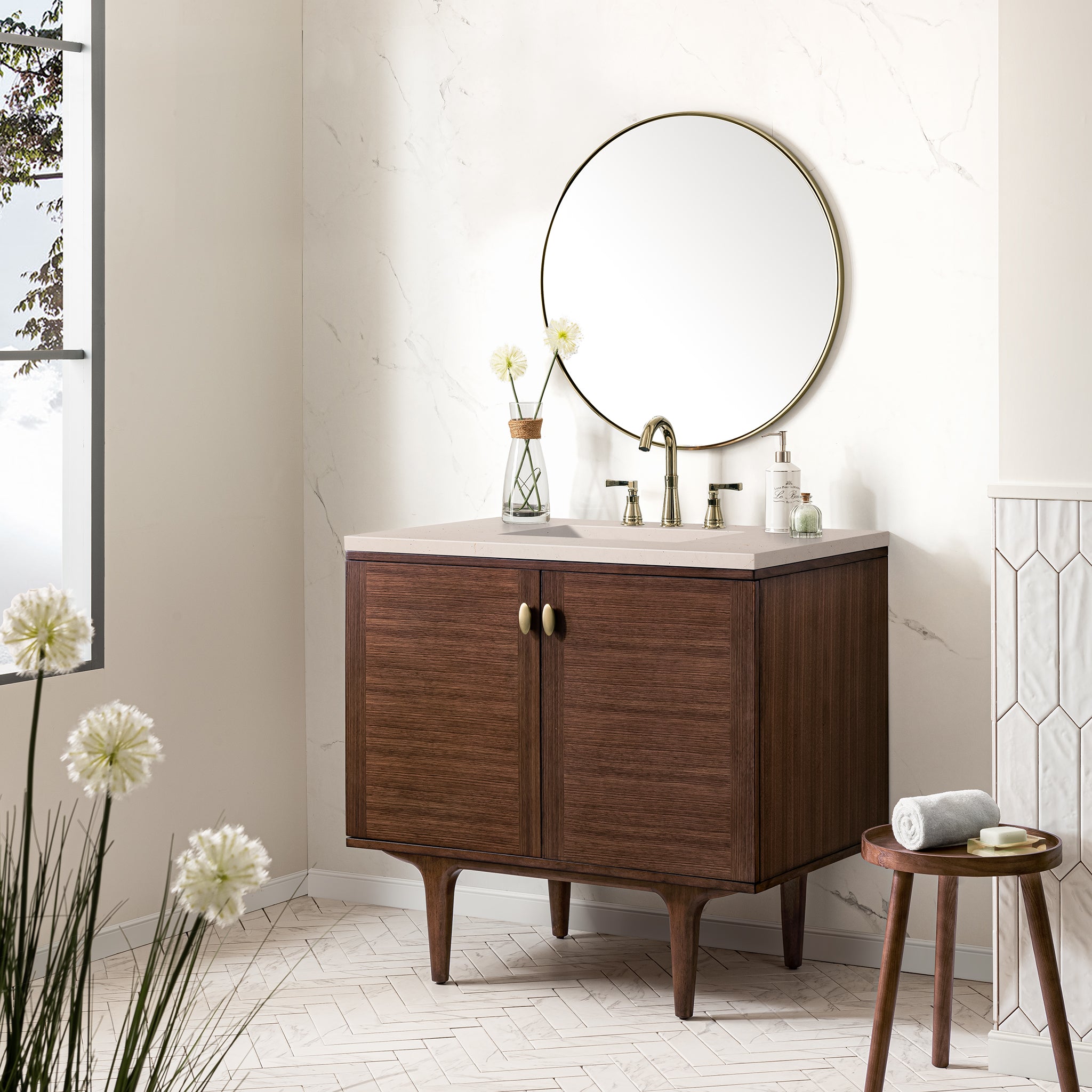 Amberly 36 Inch Single Bathroom Vanity with Mid Century Walnut Finish & 3CM Eternal Marfil Stone Top - Perfect for Modern and Vintage Bathroom Designs