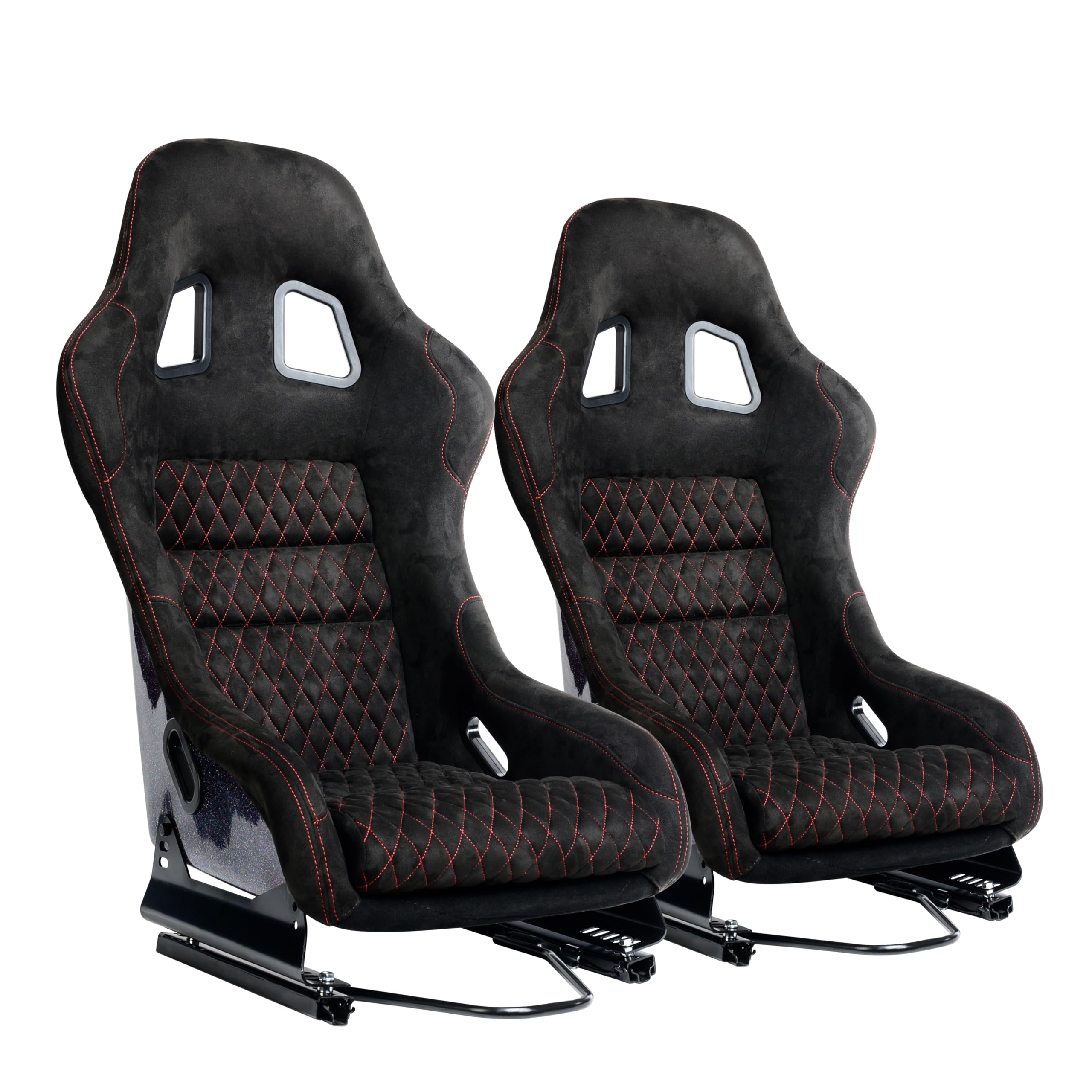 Universal Fiberglass Racing Bucket Seat - Size L, Silver Glitter Finish, Reinforced Fiberglass Back with Red Stitch Mesh Fabric & Dual Lock Slider | Perfect for Racing Simulators, Gaming Chairs, Drift Cars, Track Days & Street Performance Vehicles