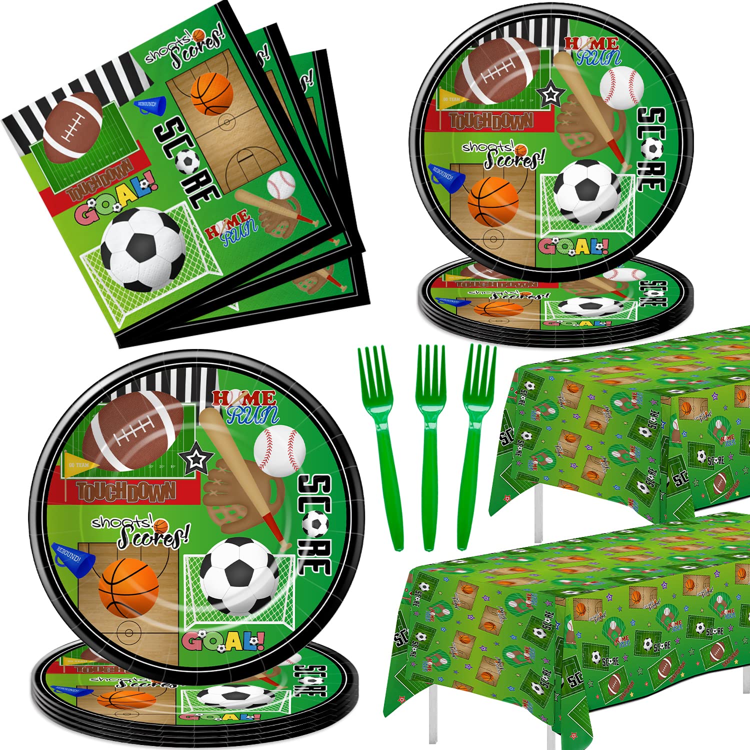 Xigejob Sports Theme Birthday Party Supplies - 24-Pack Plates, Cups, Napkins, Tablecloth & Forks Set | Soccer Basketball Baseball Football Decorations | Perfect for Sports Themed Parties, Game Nights & Team Celebrations