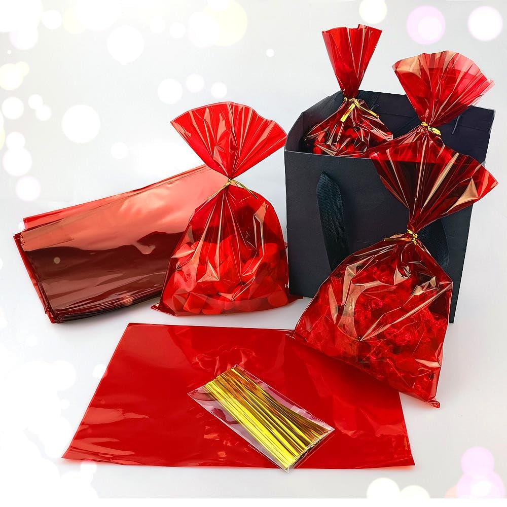 FAZHBARY 100 PCS 6x9 Inch Red Cellophane Gift Bags - Candy Cookie Wrapping Supplies, Party Favors, Wedding Treat Bags, Holiday Goodie Bags for Christmas, Halloween, Birthday Celebrations
