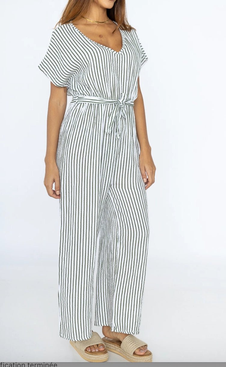 Justine Green Striped Jumpsuit for Women - Stylish & Comfortable One-Piece Outfit for Casual Wear, Office, or Date Night