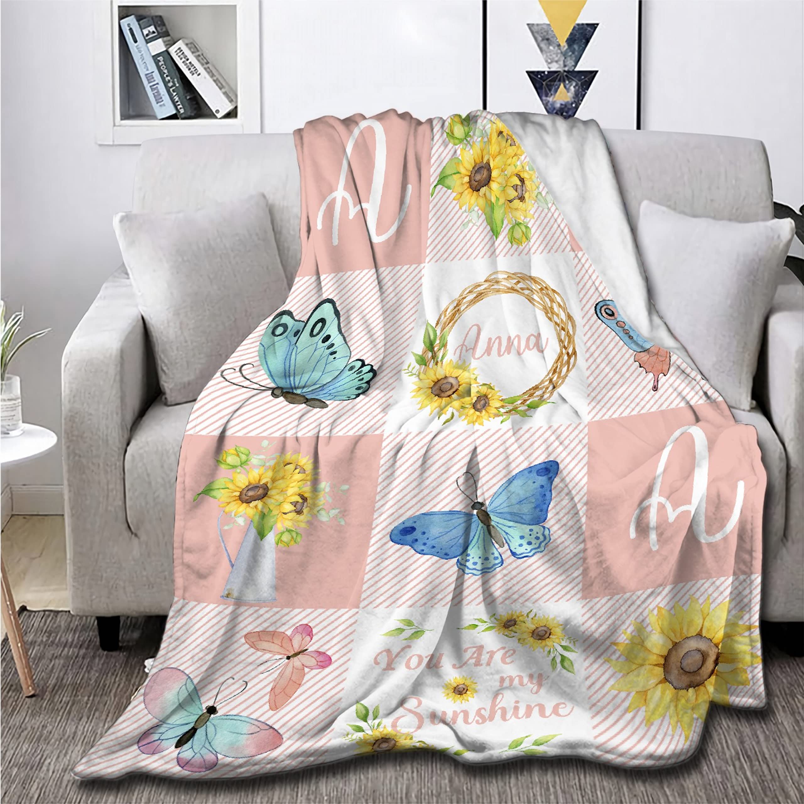 Personalized Baby Blankets for Girls & Boys - Custom Name Baby Blanket Gift | Soft Cozy Fleece Throw Quilt for Newborns & Toddlers | Sunflower Butterfly Design | XL Size for Nursery, Crib & Family Cuddles