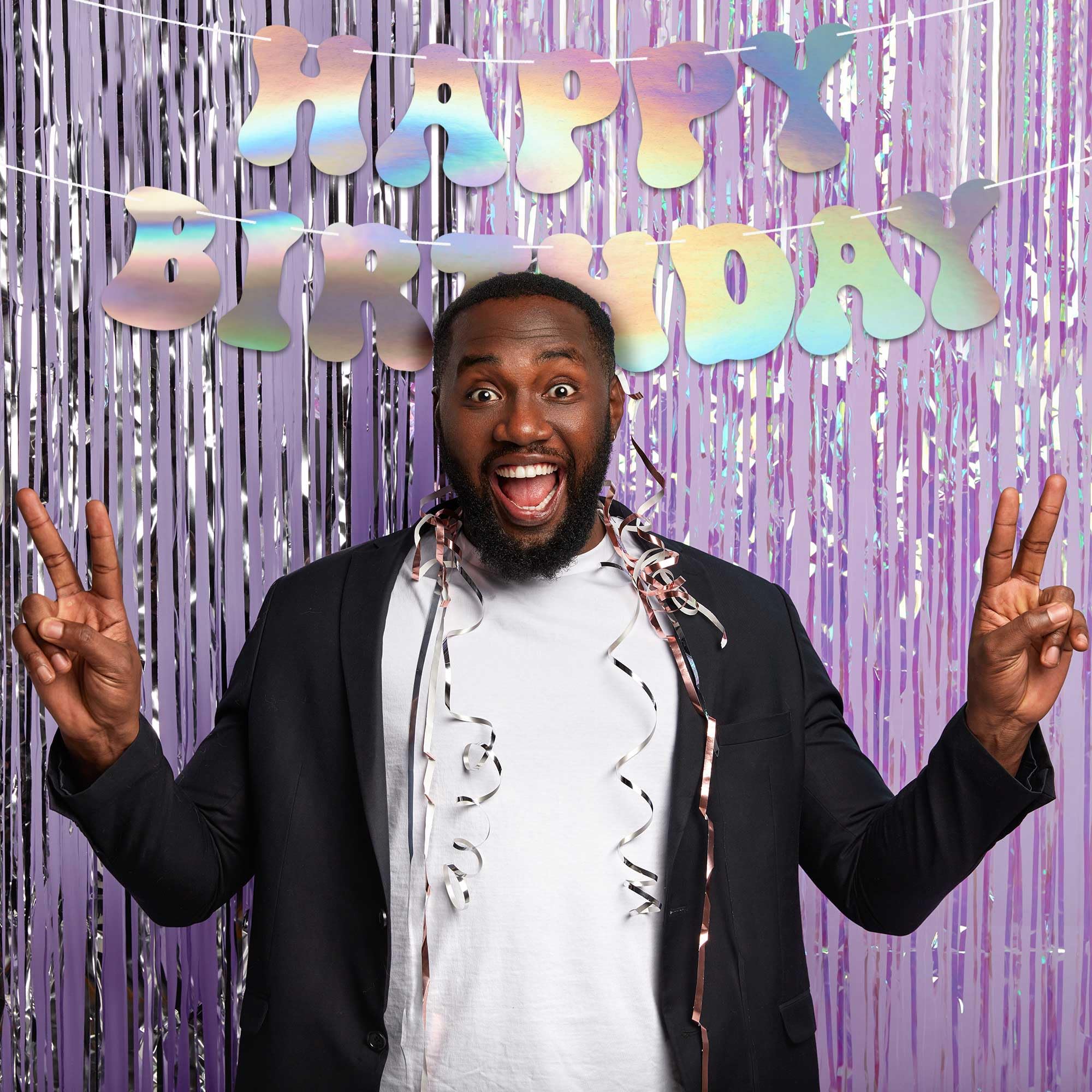 Pre-Strung Happy Birthday Banner - 8ft Iridescent Holographic Garland - No DIY Required - Retro 70s Shiny Foil Party Decorations for Birthday Celebrations, Home Decor & Festive Events